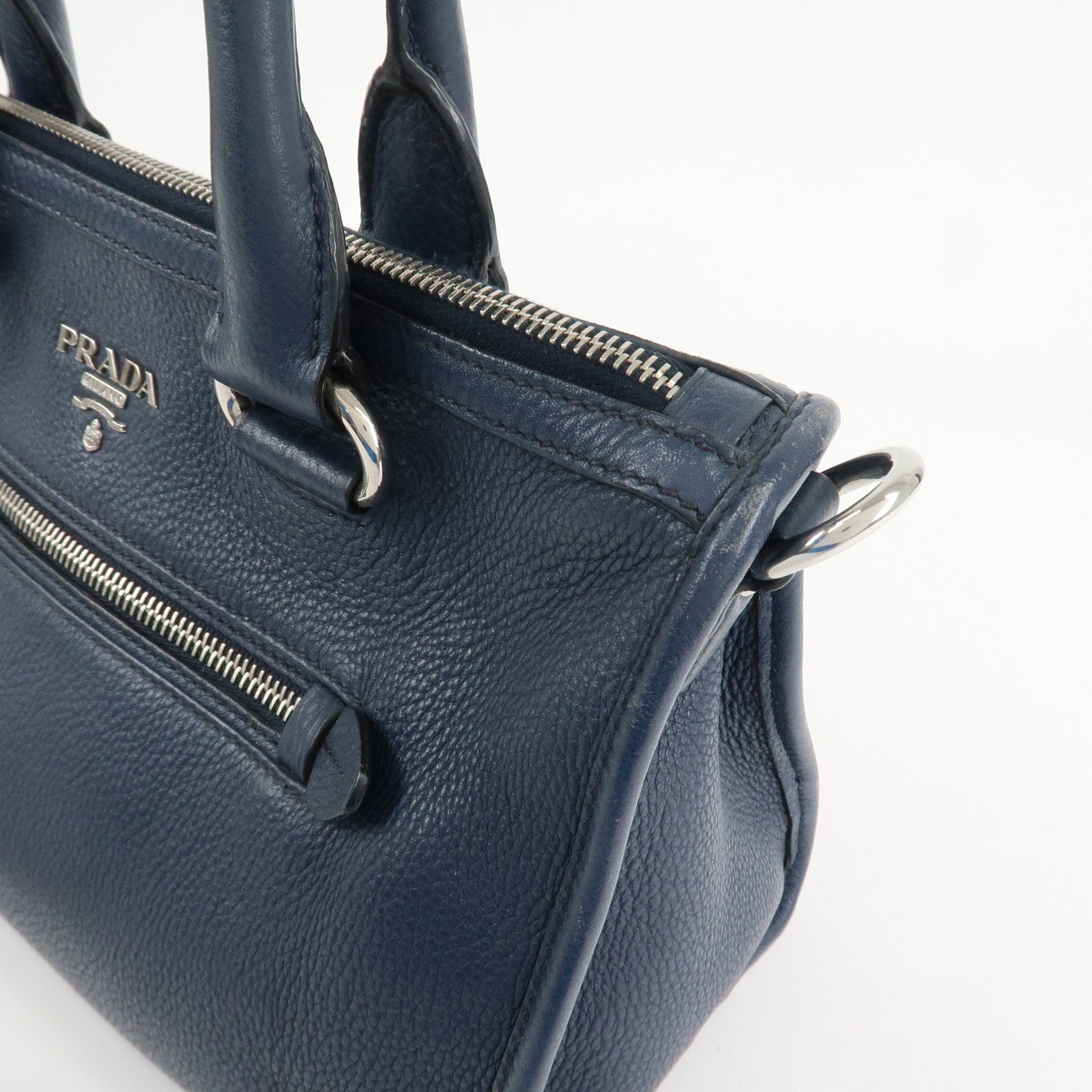 PRADA Logo Leather Vitello Phenix 2WAY Bag Hand Bag Navy 1BB022