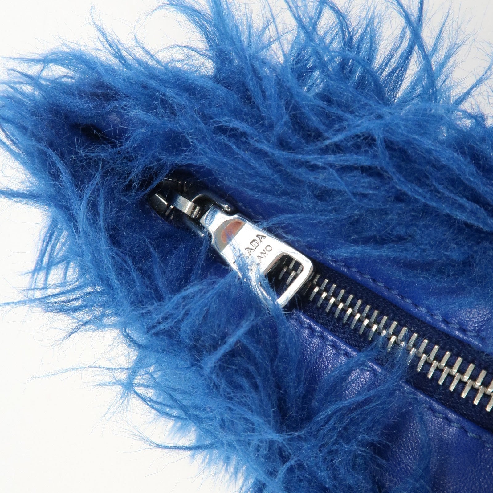 PRADA Triangle Logo Faux Fur Clutch Bag Flat Pouch Blue 1N1530