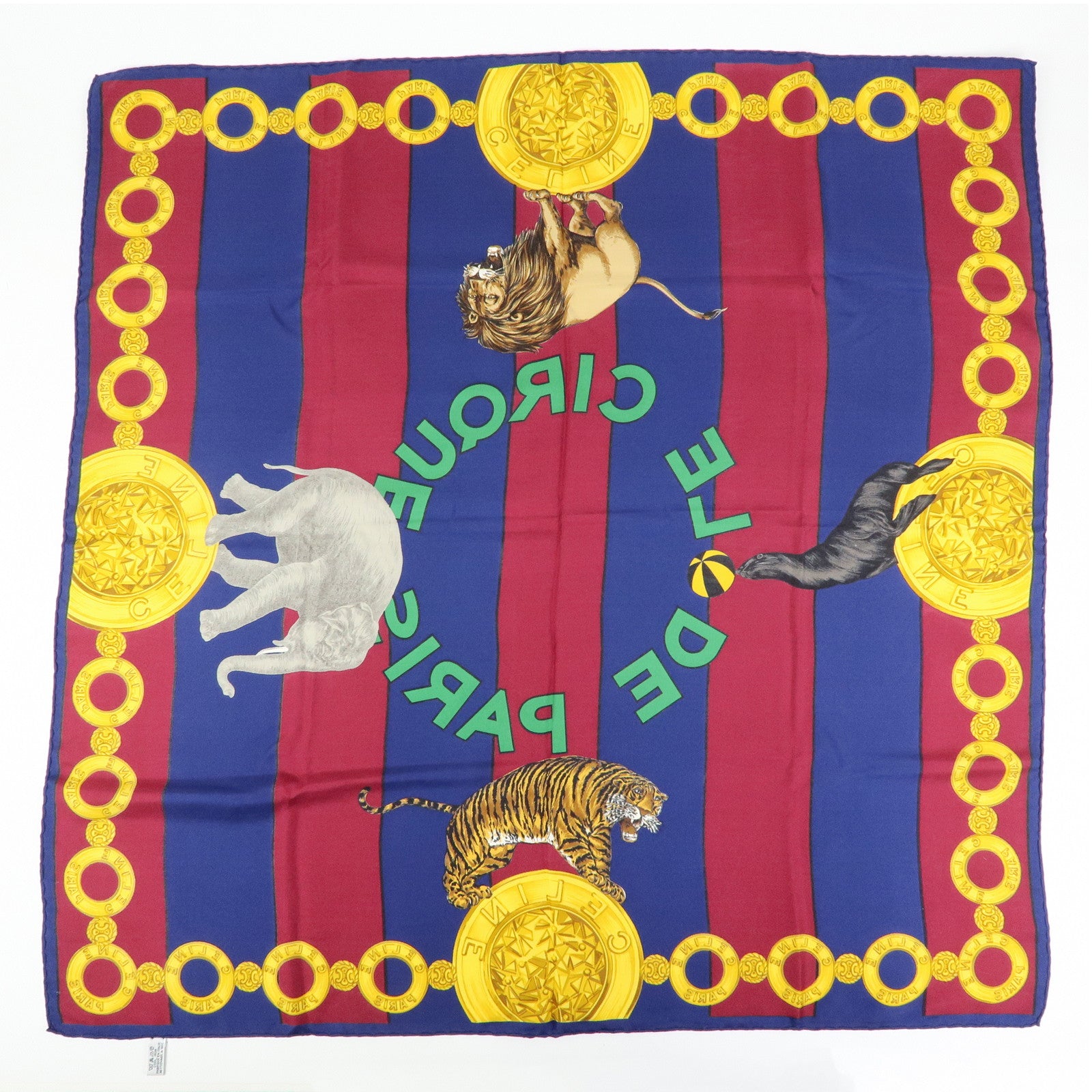 CELINE Silk 100% Scarf Le Cirque Lion Elephant Motif Navy Blue