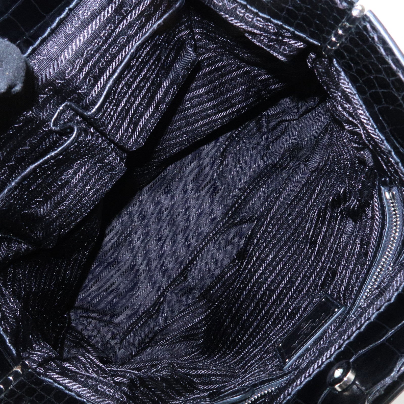 PRADA Triangle Logo Nylon Embossed Leather Hand Bag Black