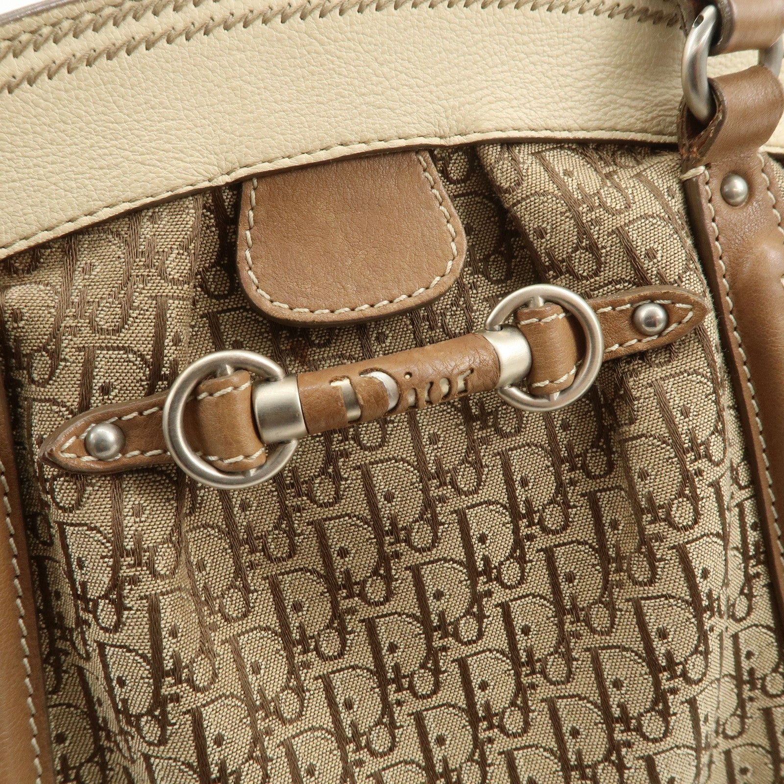 Christian Dior Trotter Canvas Leather Hand Bag Beige Ivory
