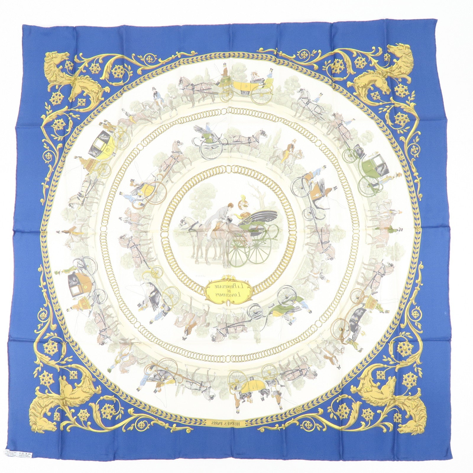 HERMES Carre 90 Silk 100% Scarf LA PROMENADE DE LONGCHAMPS