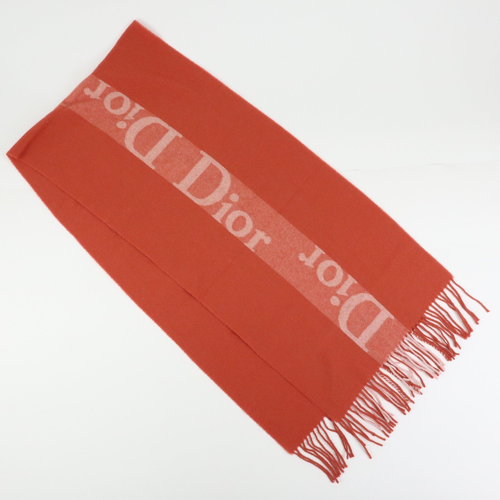 Christian Dior Logo Wool Cashmere Fringe Scarf Red