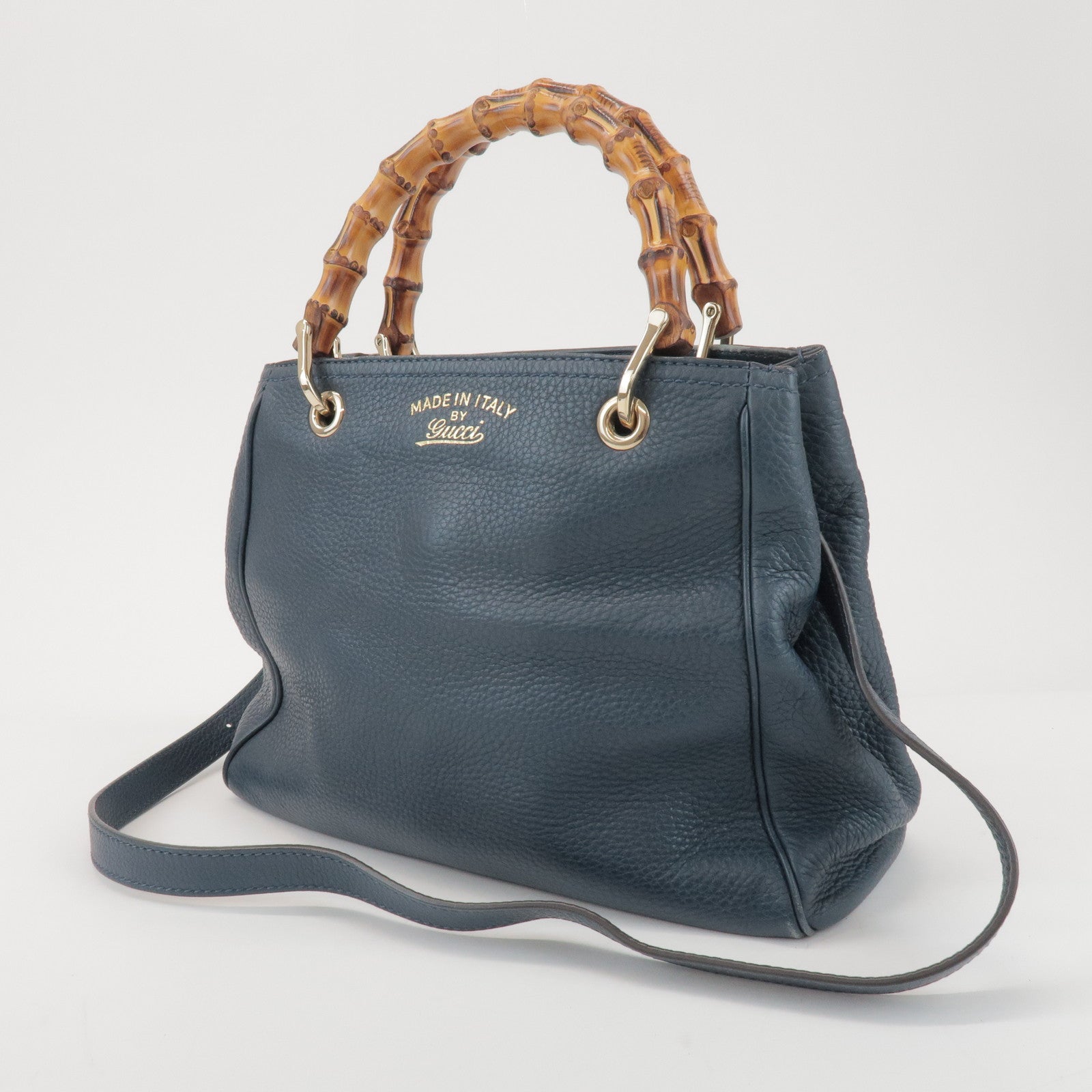 GUCCI Bamboo Calf Leather 2 Way Bag Tote Bag Navy 336032