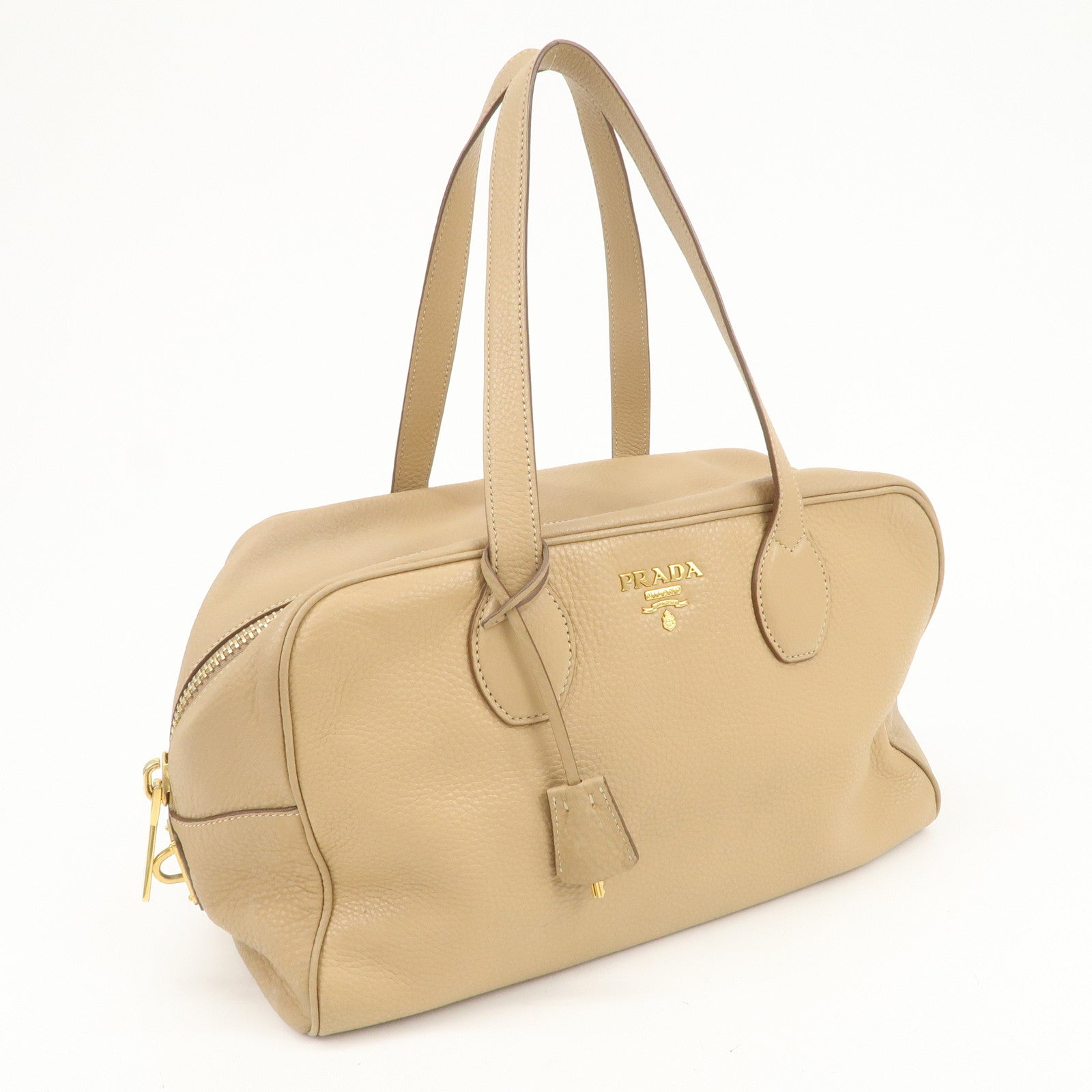 PRADA Leather Boston Bag Hand Bag Beige Gold BL8062