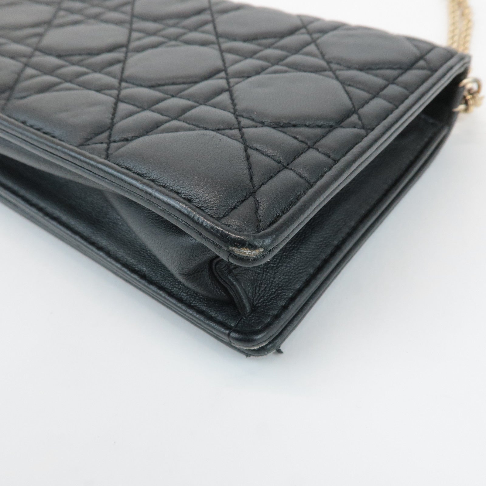 Christian Dior Cannage Leather Chain Shoulder Bag Black Gold Charm