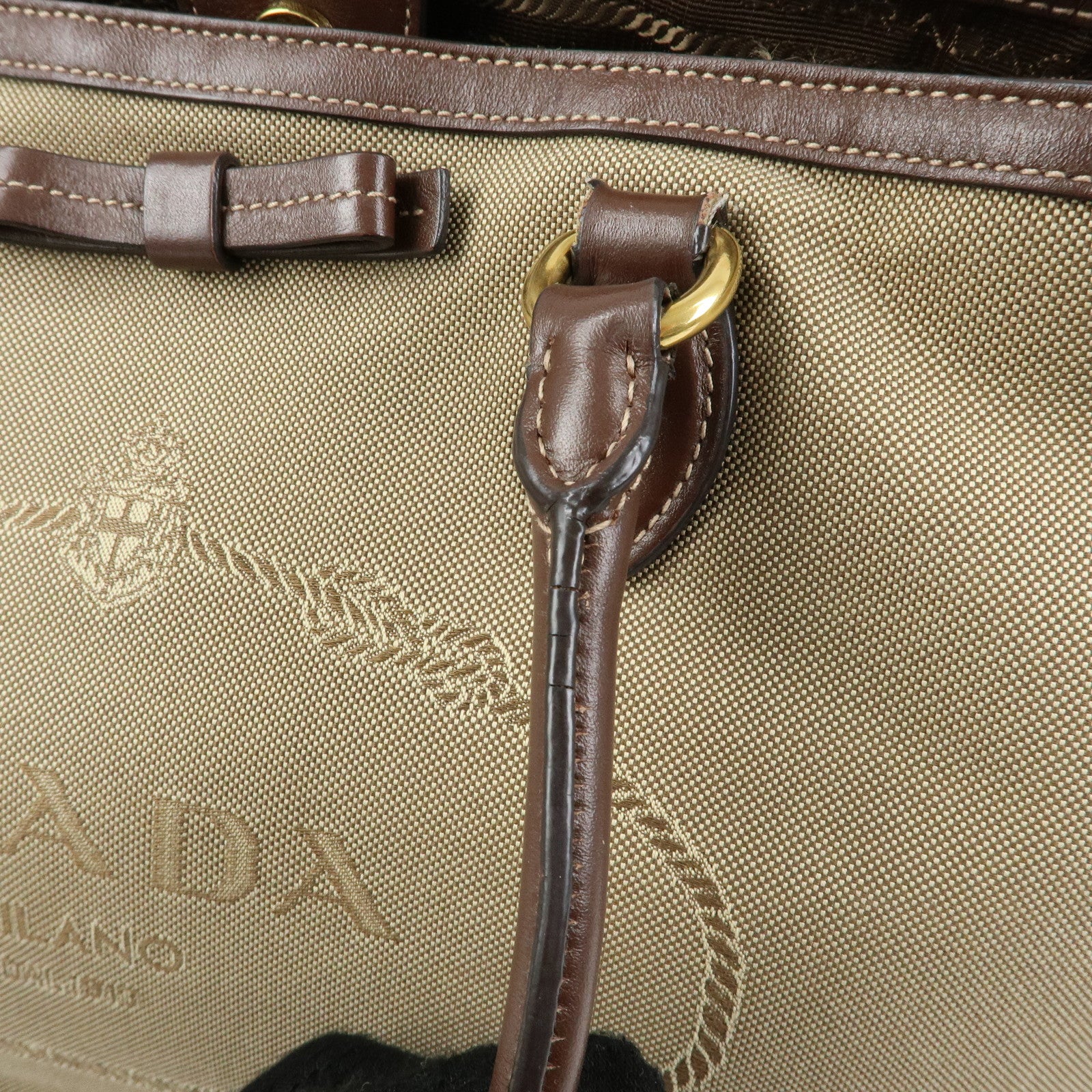 PRADA Triangle Logo Jacquard Leather Tote Bag Beige Brown 1BG158