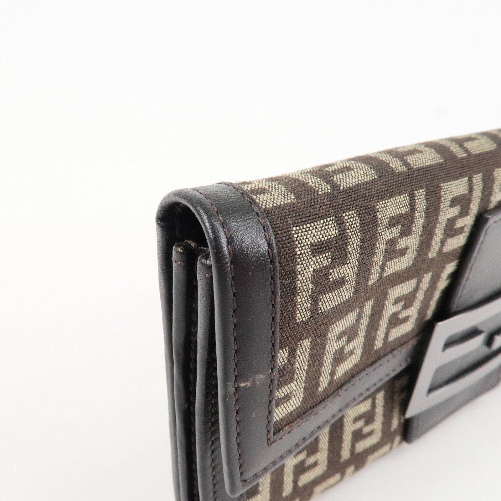 FENDI Zucchino Canvas Leather Bi-Fold Long Wallet Dark Brown 8M0021 Used