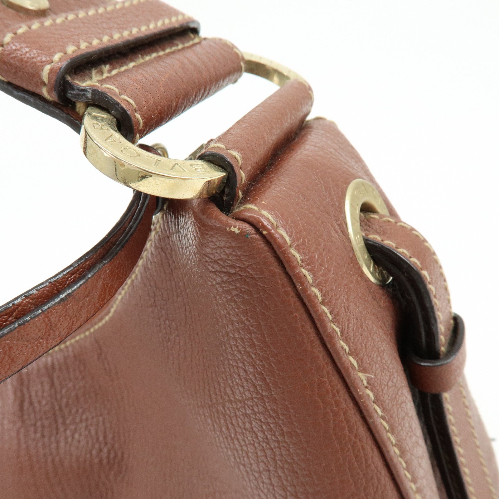 BVLGARI Leather Shoulder Bag Hand Bag Brown