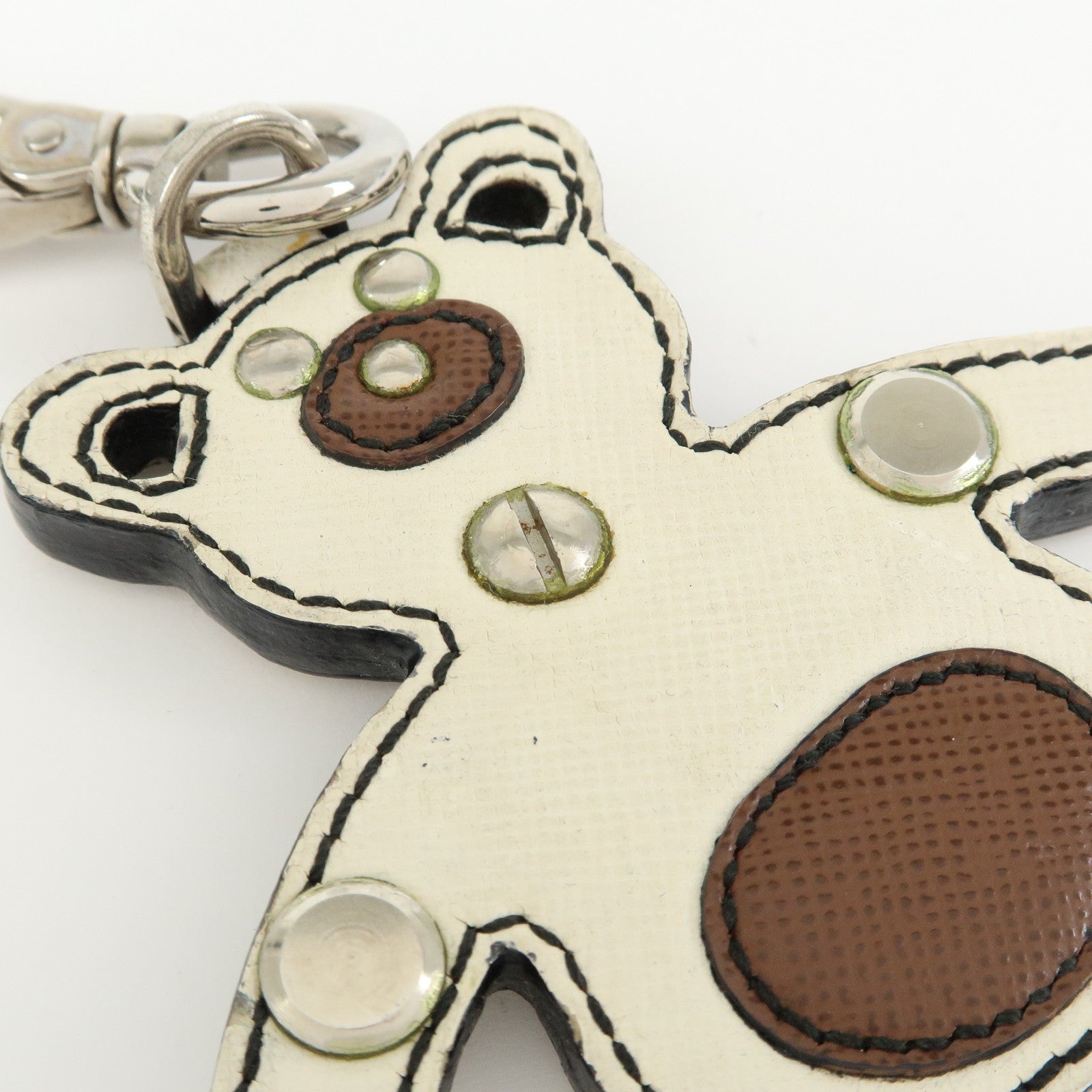 PRADA Saffiano Leather Bear Bag Charm Key Holder Ivory Brown 1AR831