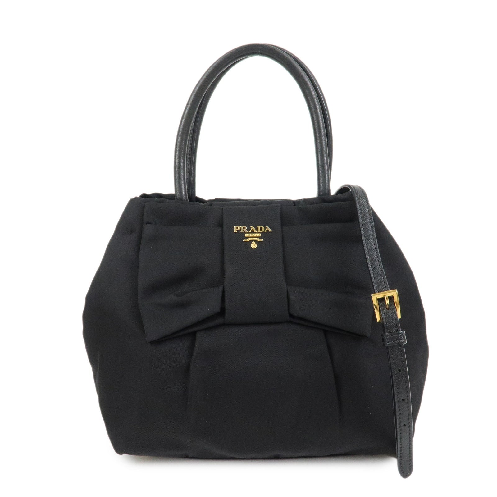 PRADA Nylon Leather Ribbon Hand Bag Tote Bag Black BN1601