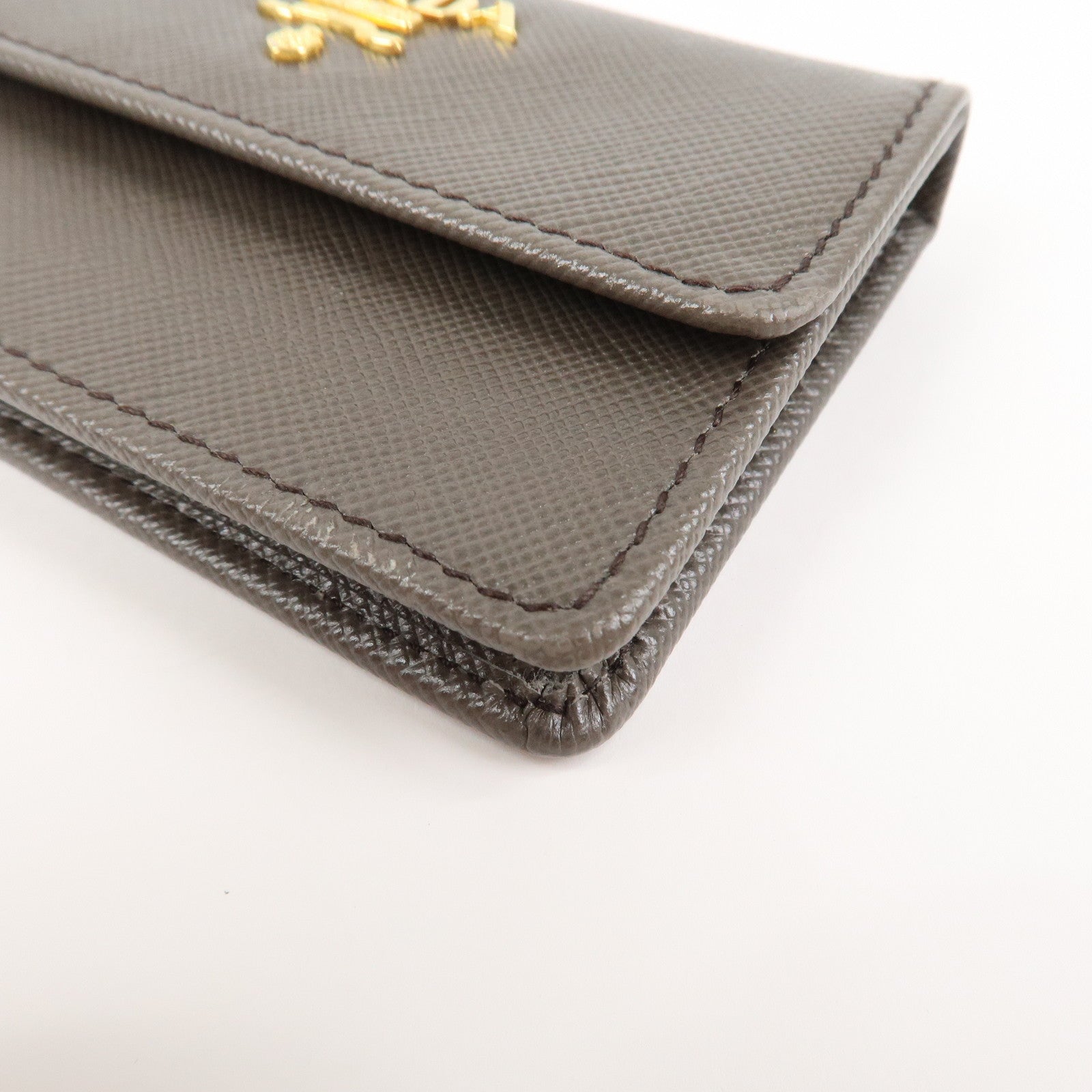 PRADA Logo Saffiano Leather Card Case Card Holder Brown 1MC881