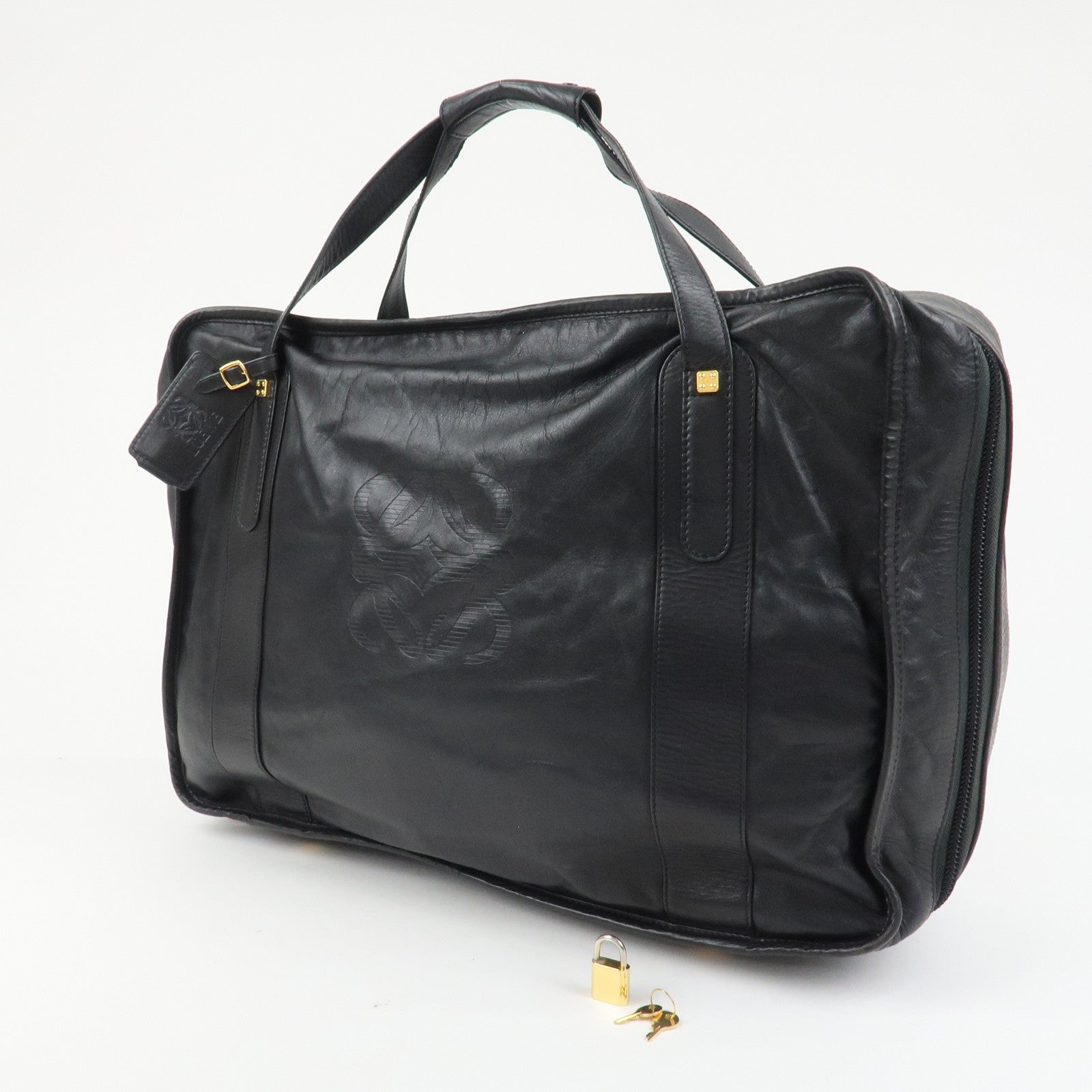 LOEWE Anagram Leather Boston Bag Hand Bag Travel Bag Black