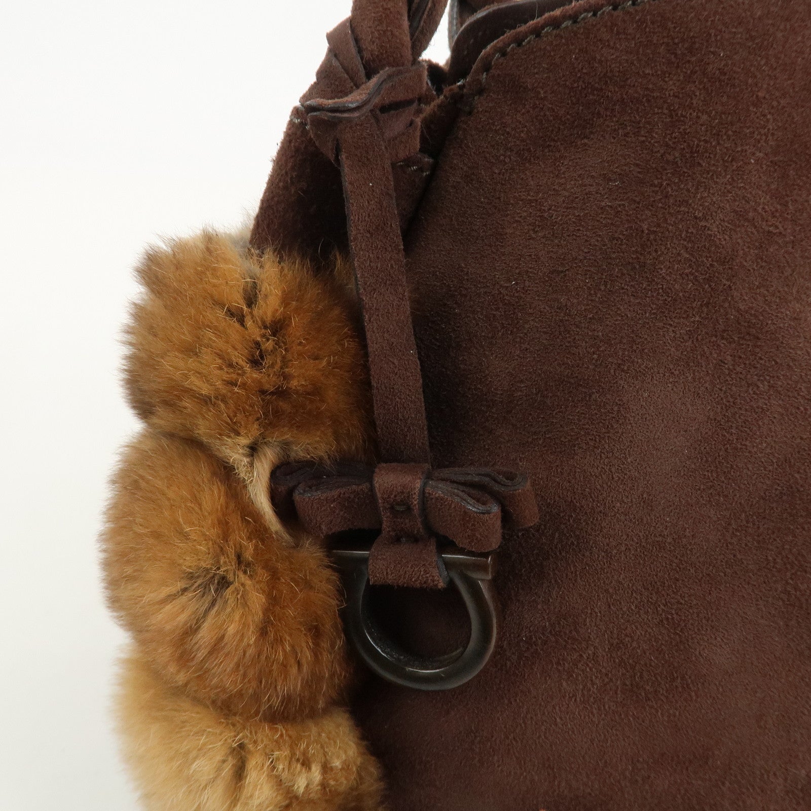 Ferragamo Gancini Suede Fur Hand Bag Brown BW-21 B372