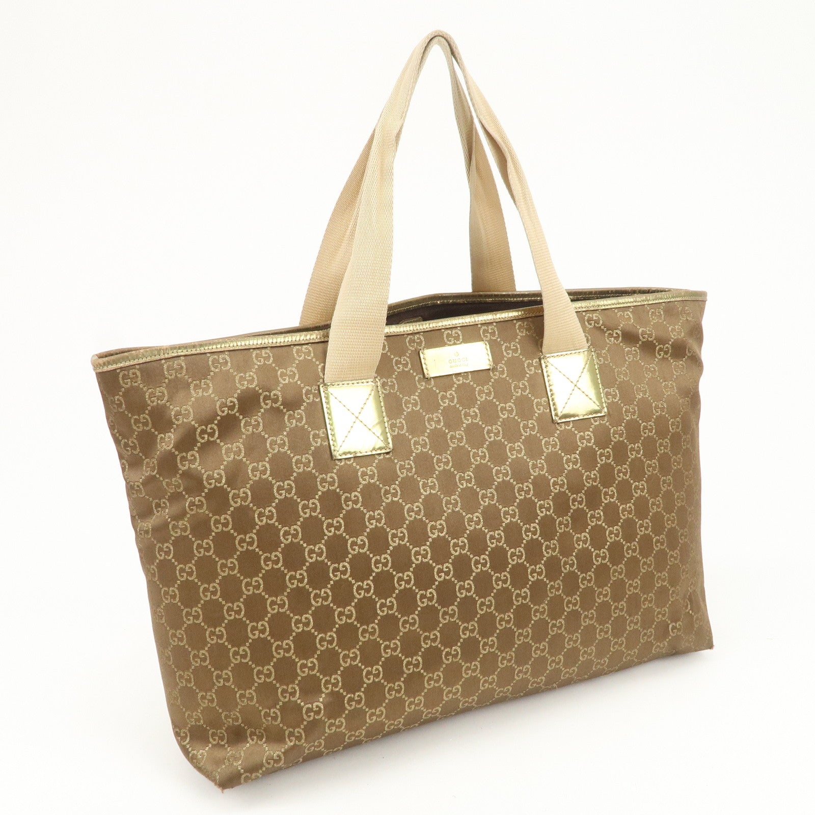 GUCCI Logo GG Canvas Leather Tote Bag Hand Bag Brown Gold 267474
