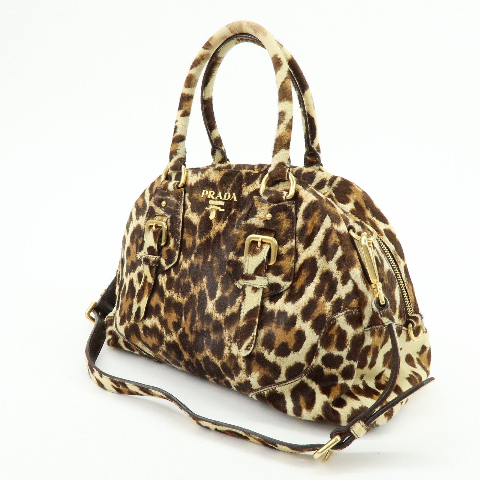 PRADA Pony Hair Leopard 2Way Boston Bag Shoulder Bag Brown BL0429