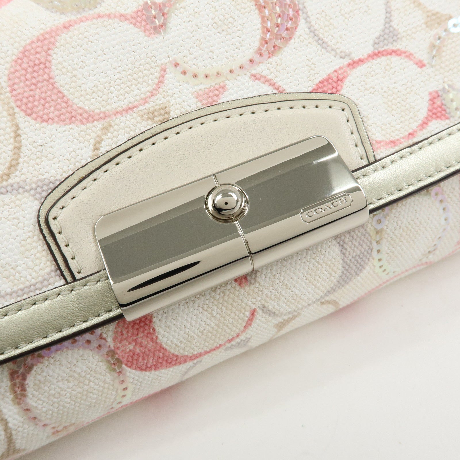 COACH Signature Canvas Sequins Leather Hand Bag Beige Light Gold