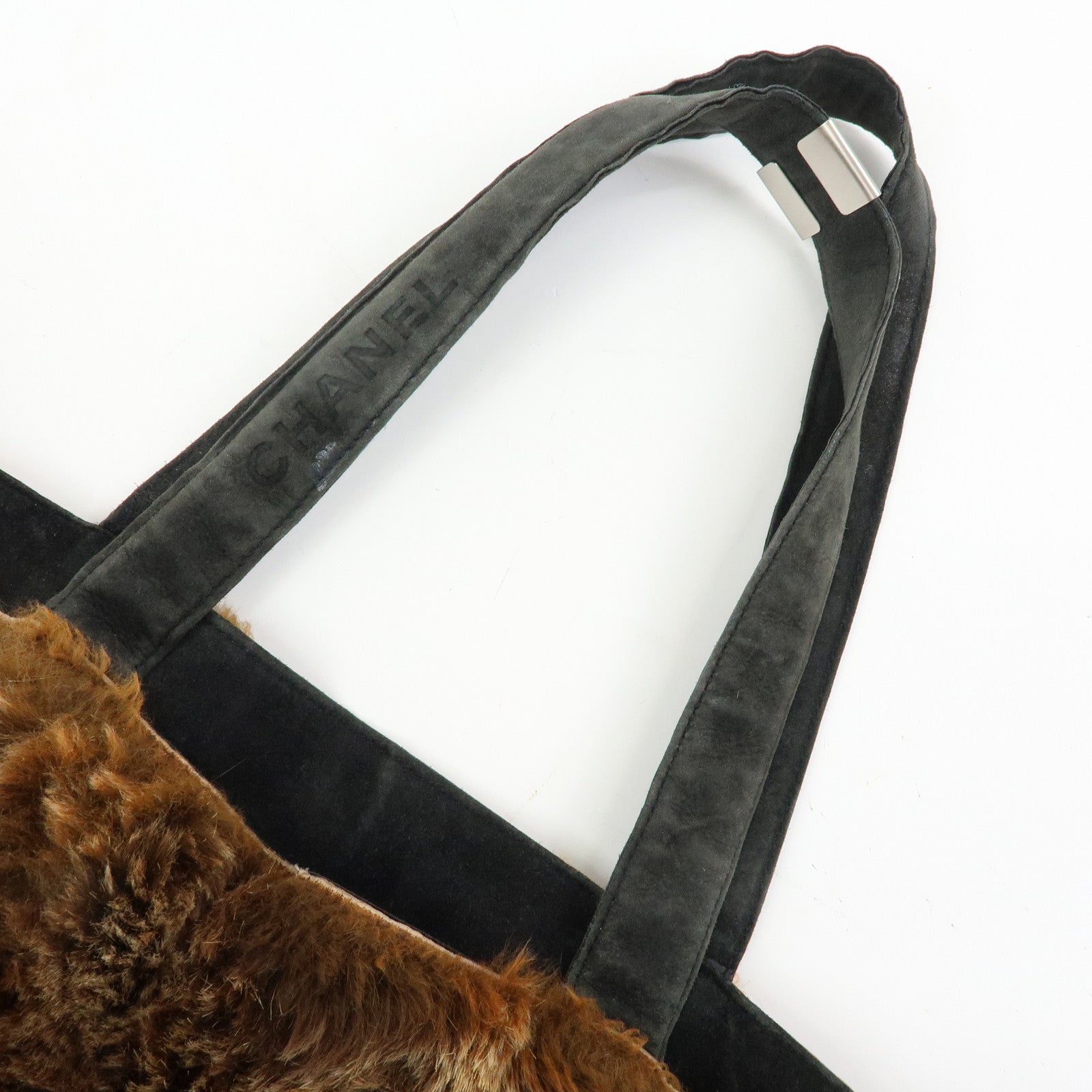 CHANEL COCO Mark Logo Fur Suede Tote Bag Hand Bag Brown