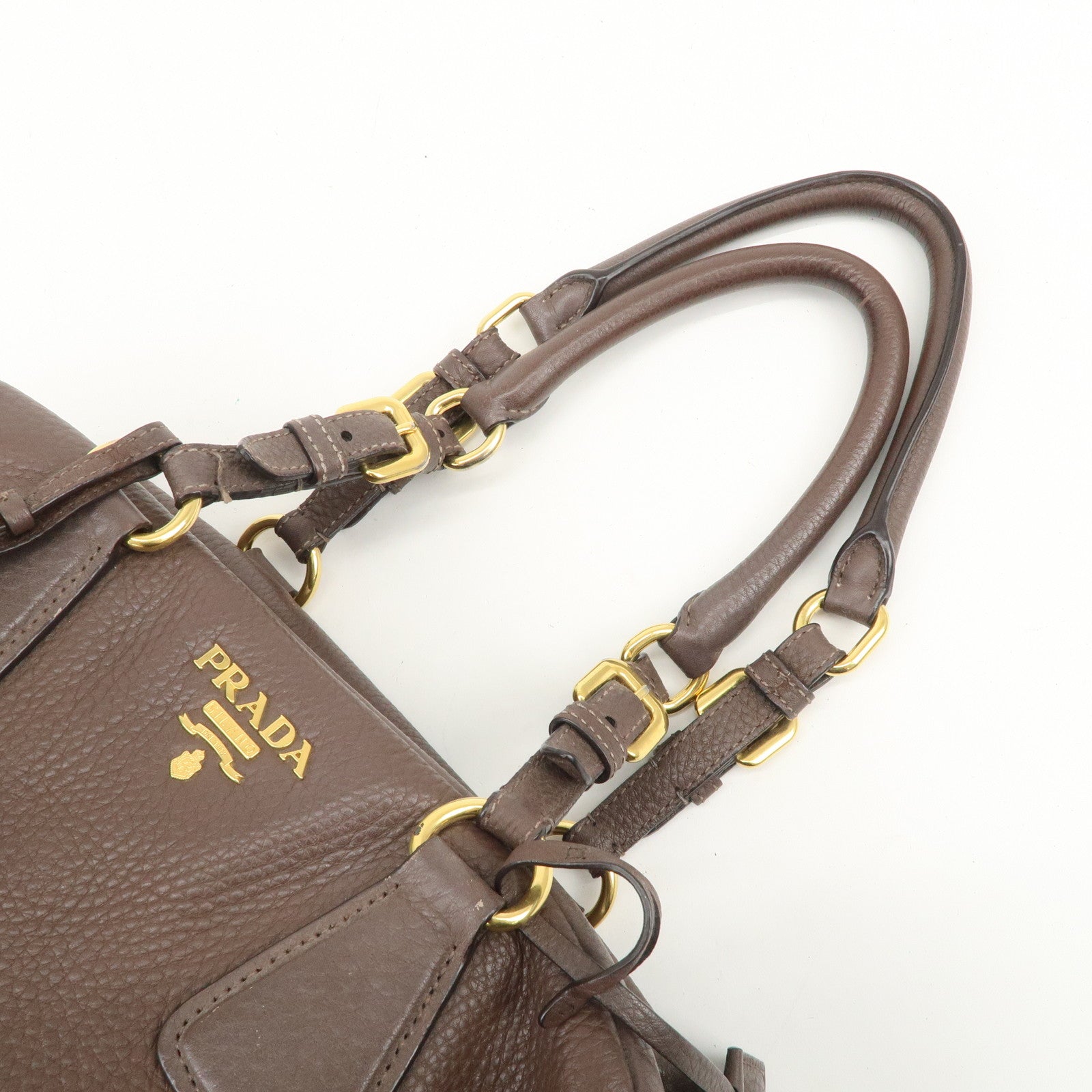 PRADA Logo Leather Shoulder Bag Boston Bag Hand Bag Brown B3091M
