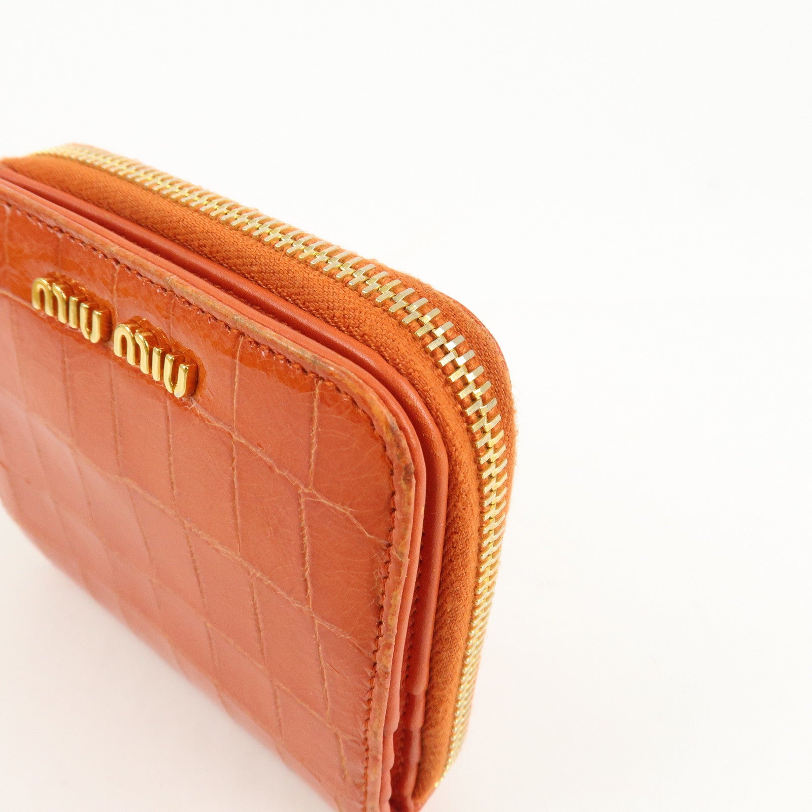 MIU MIU Leather Bi-Fold Wallet Compact Wallet Orange Gold Hardware Used
