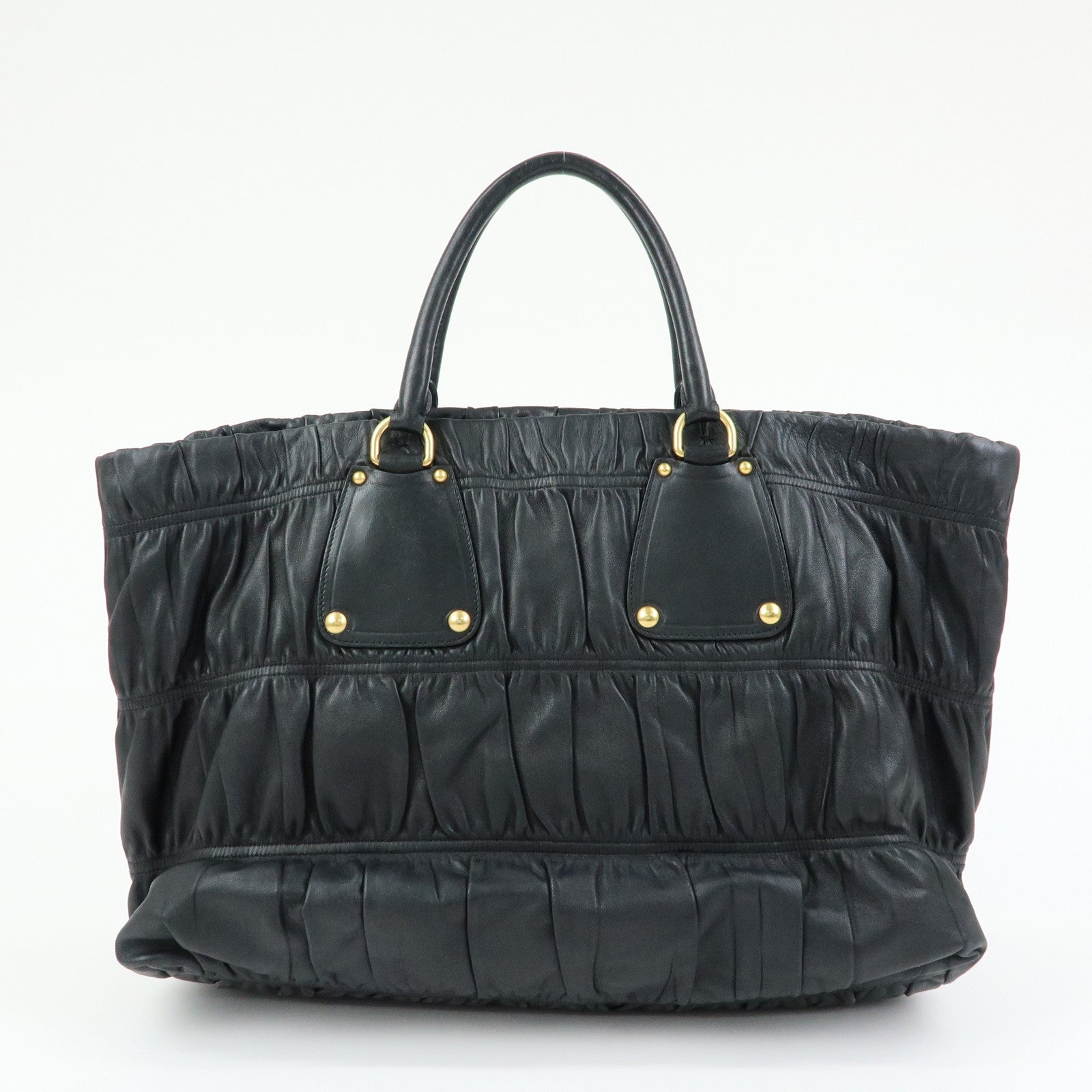 PRADA Logo Leather Gathered Tote Bag Hand Bag Black