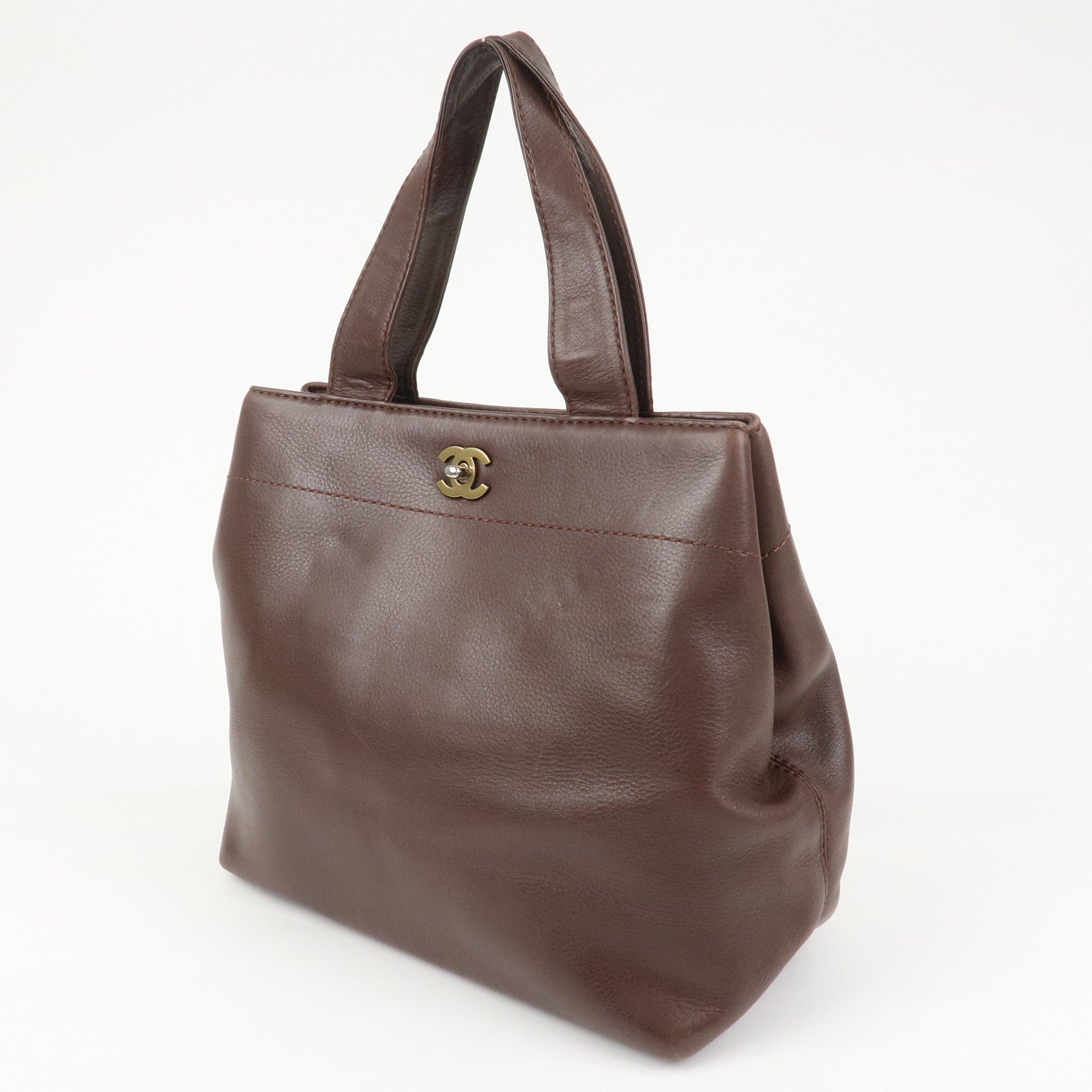 CHANEL Leather 2Way Bag Shoulder Bag Hand Bag Brown Gold