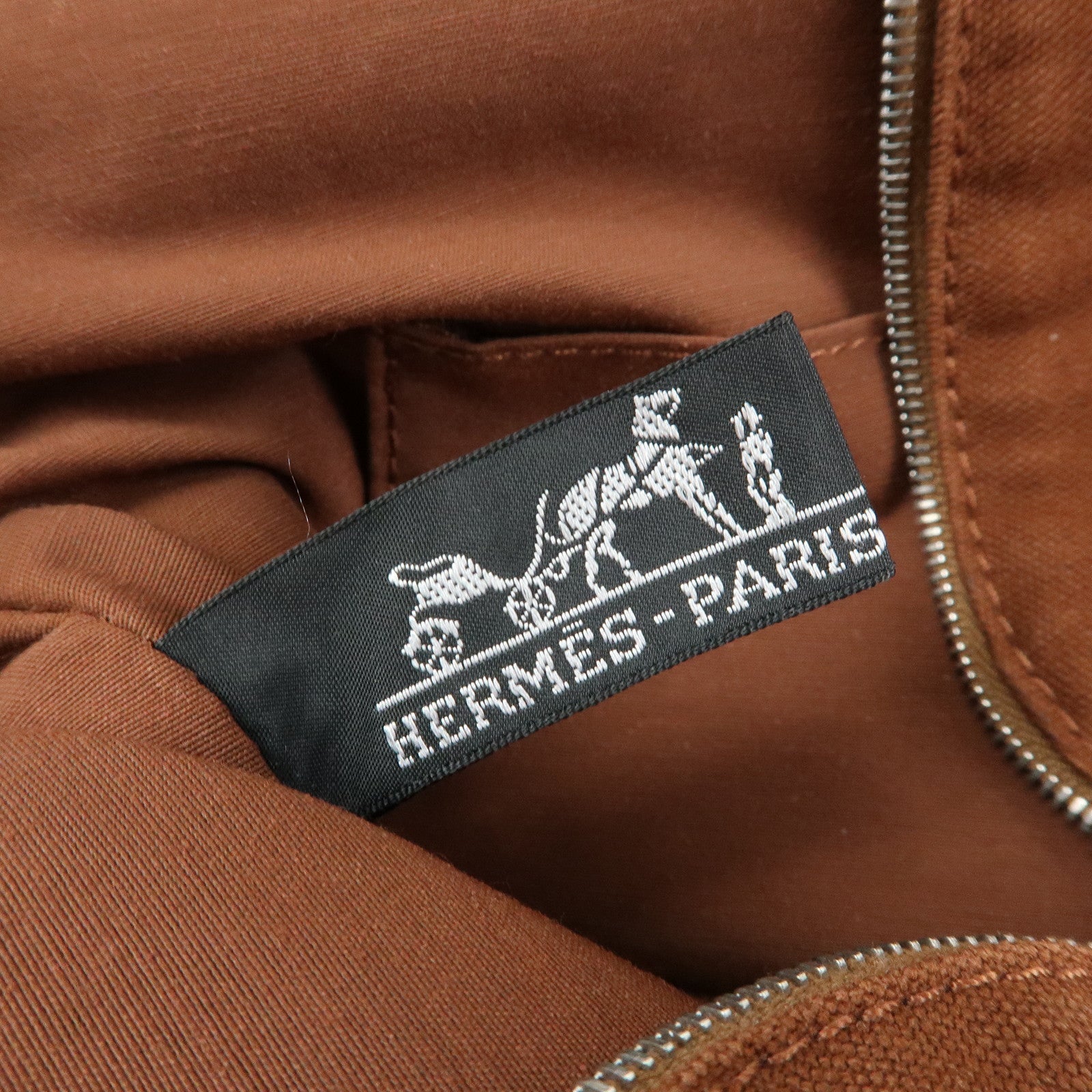 HERMES Bolide MM Cotton Leather Cosmetic Pouch Brown Beige
