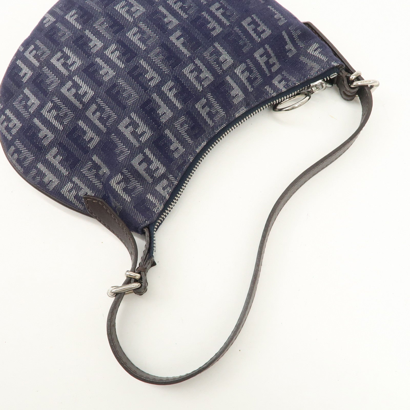 FENDI Zucchino Canvas Leather Shoulder Bag Hand bag Navy 8BR248 Used