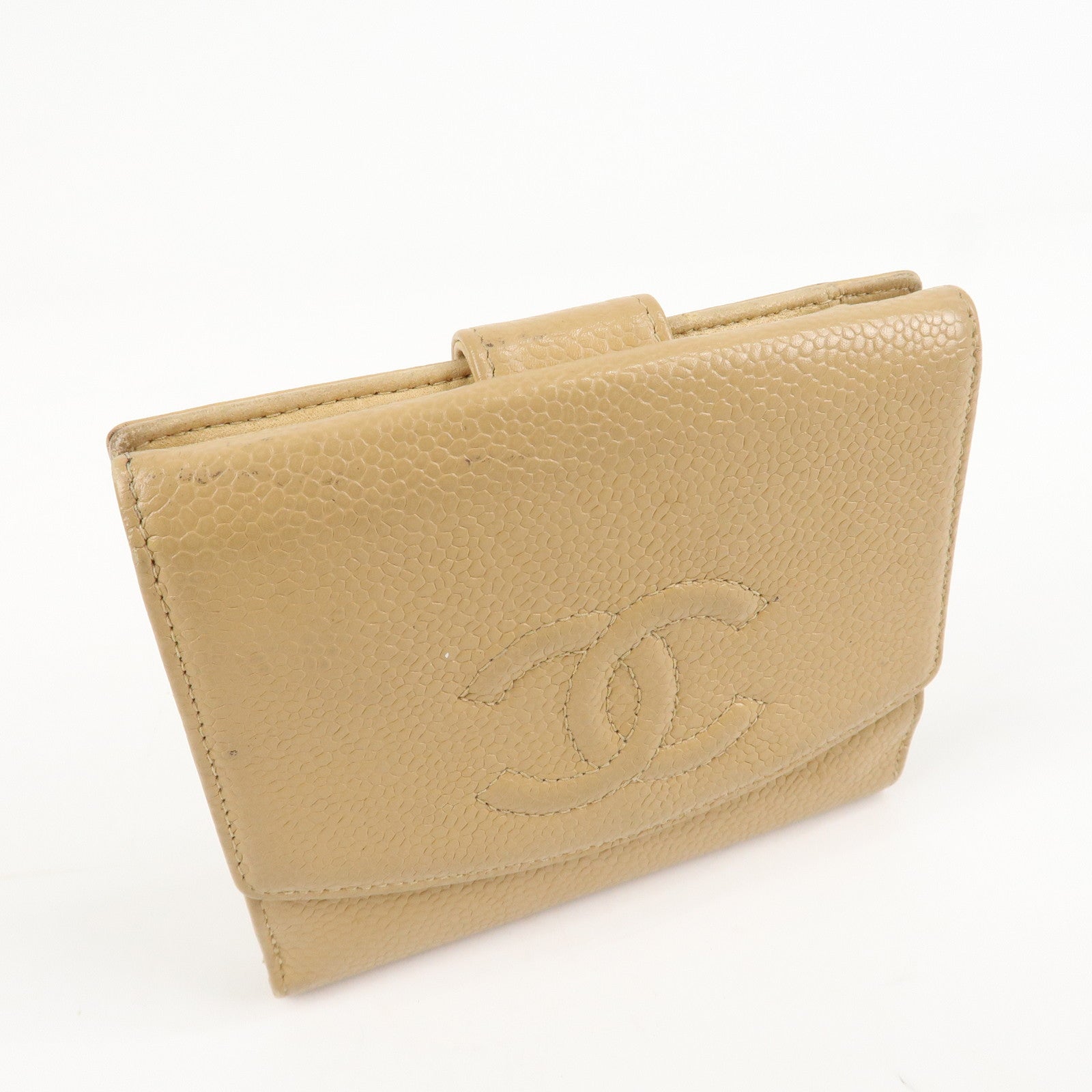 CHANEL COCO Mark Caviarskin W Hook Bi-fold Wallet Beige Used
