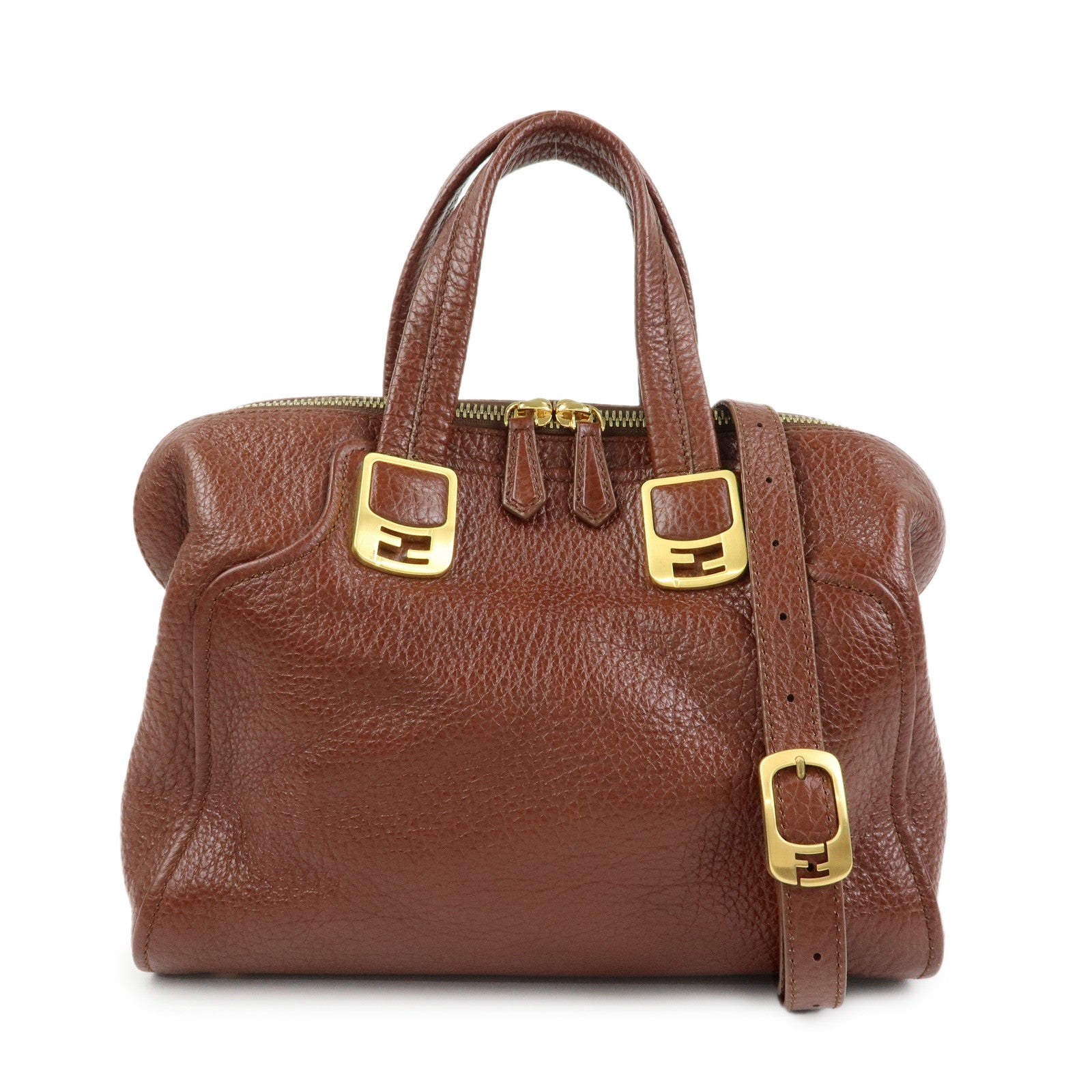 FENDI Leather 2Way Bag Hand Bag Shoulder Bag Brown 8BL114