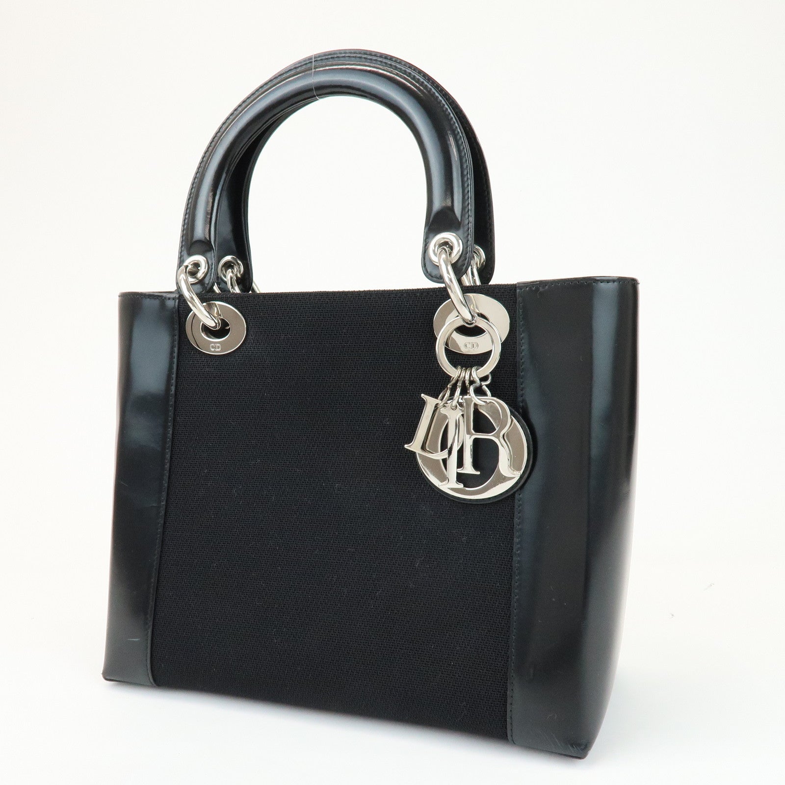 Christian Dior Lady Dior Canvas Patent Leather Hand Bag Black