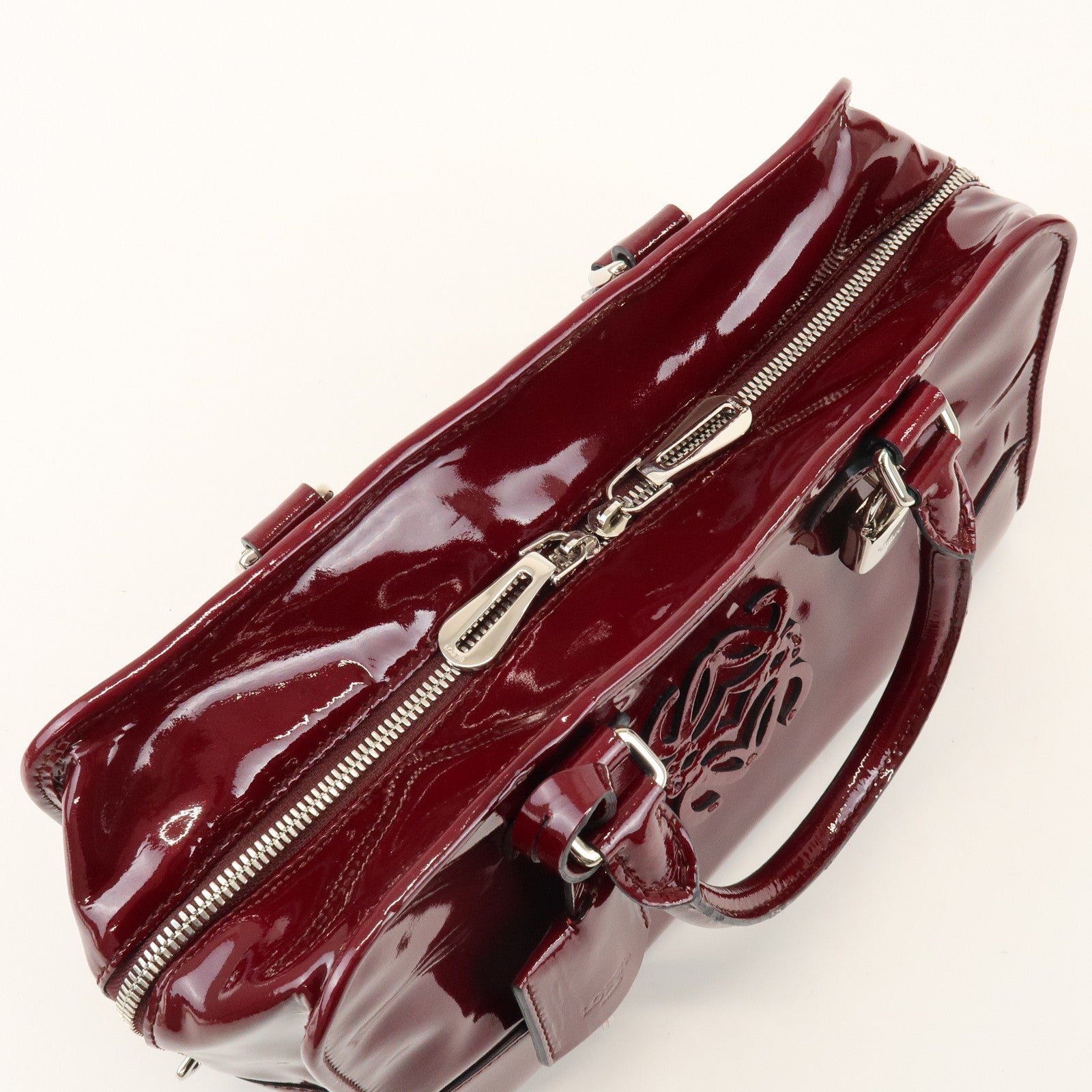 LOEWE Anagram Amazona 32 Patent Leather Hand Bag Burgundy
