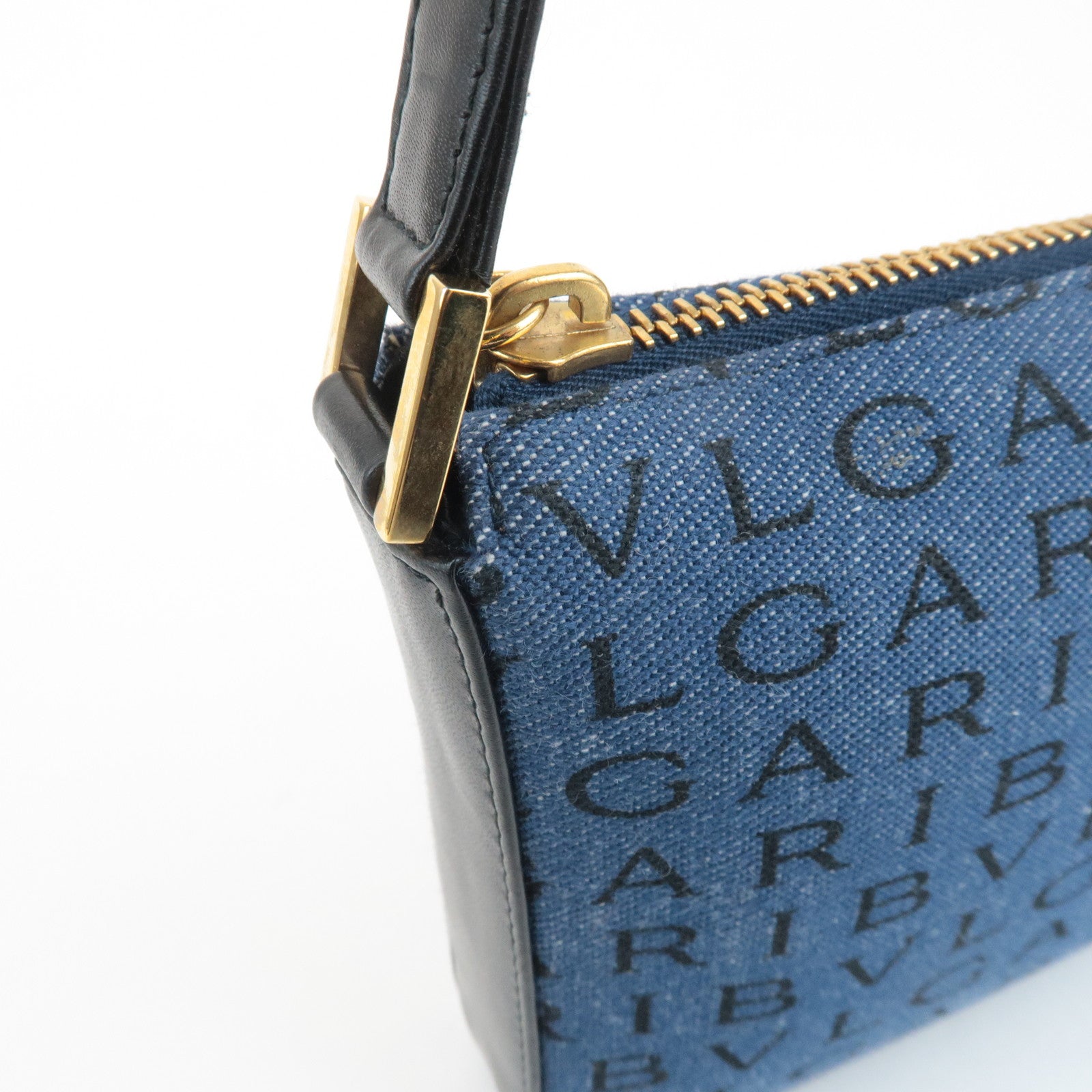 BVLGARI Logo Mania Denim Shoulder Bag Black Navy Blue Used