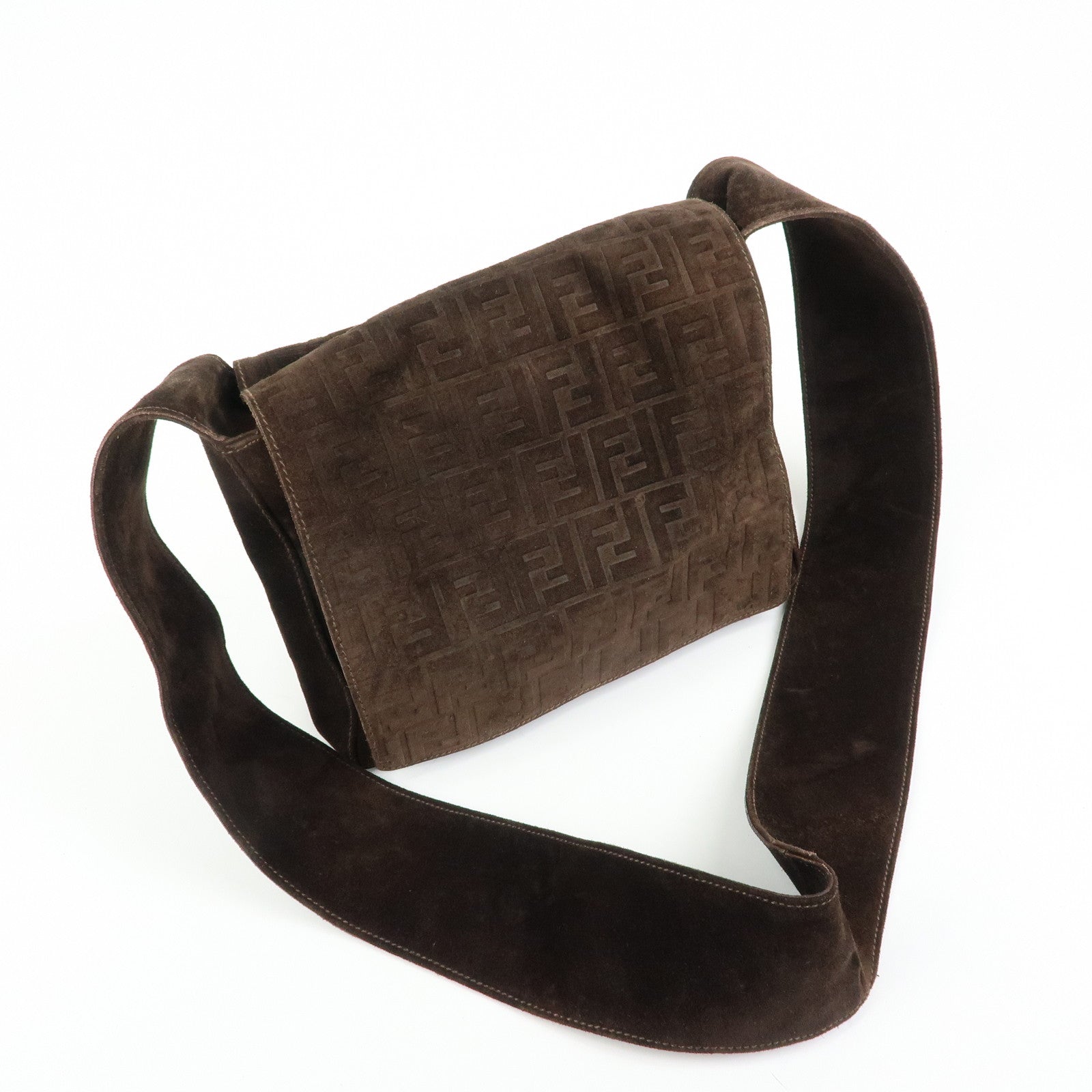 FENDI Zucca Suede Flap Shoulder Bag Crossbody Bag Brown