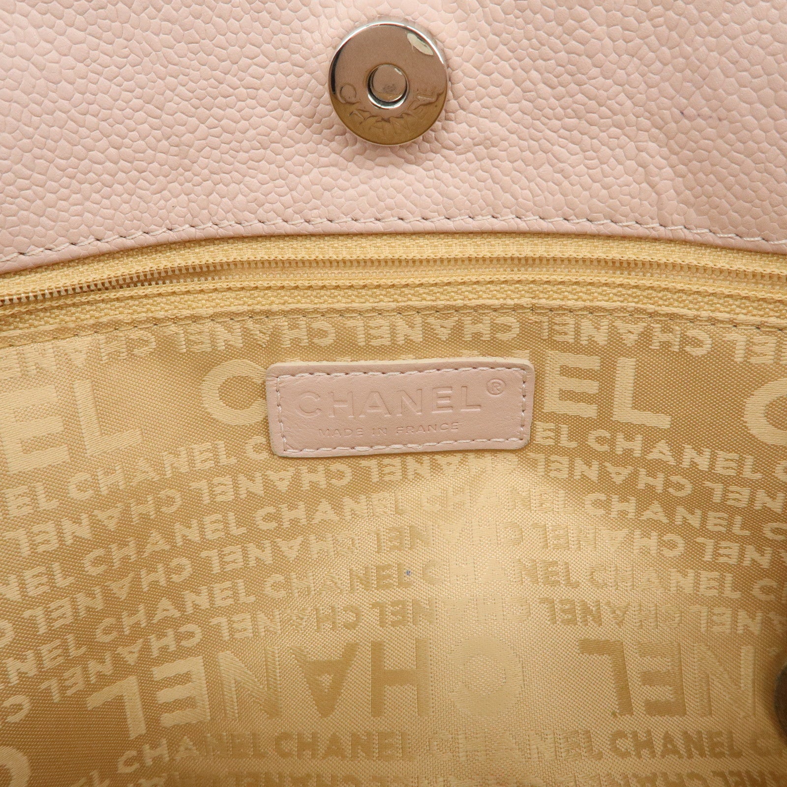 CHANEL Chocolate Bar Caviarskin Tote Bag Hand Bag Pink Silver Used