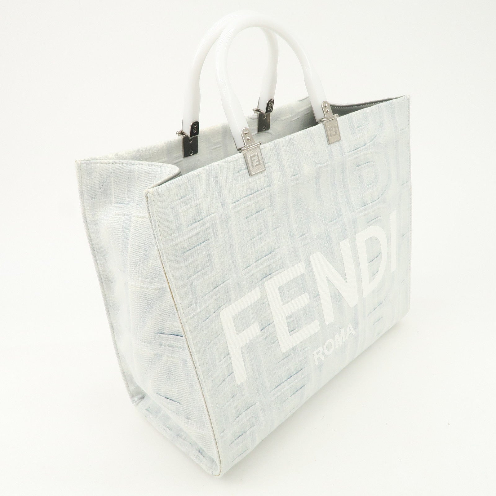 FENDI Leather Sunshine Medium 2Way Tote Bag Hand Bag White 8BH386 Used