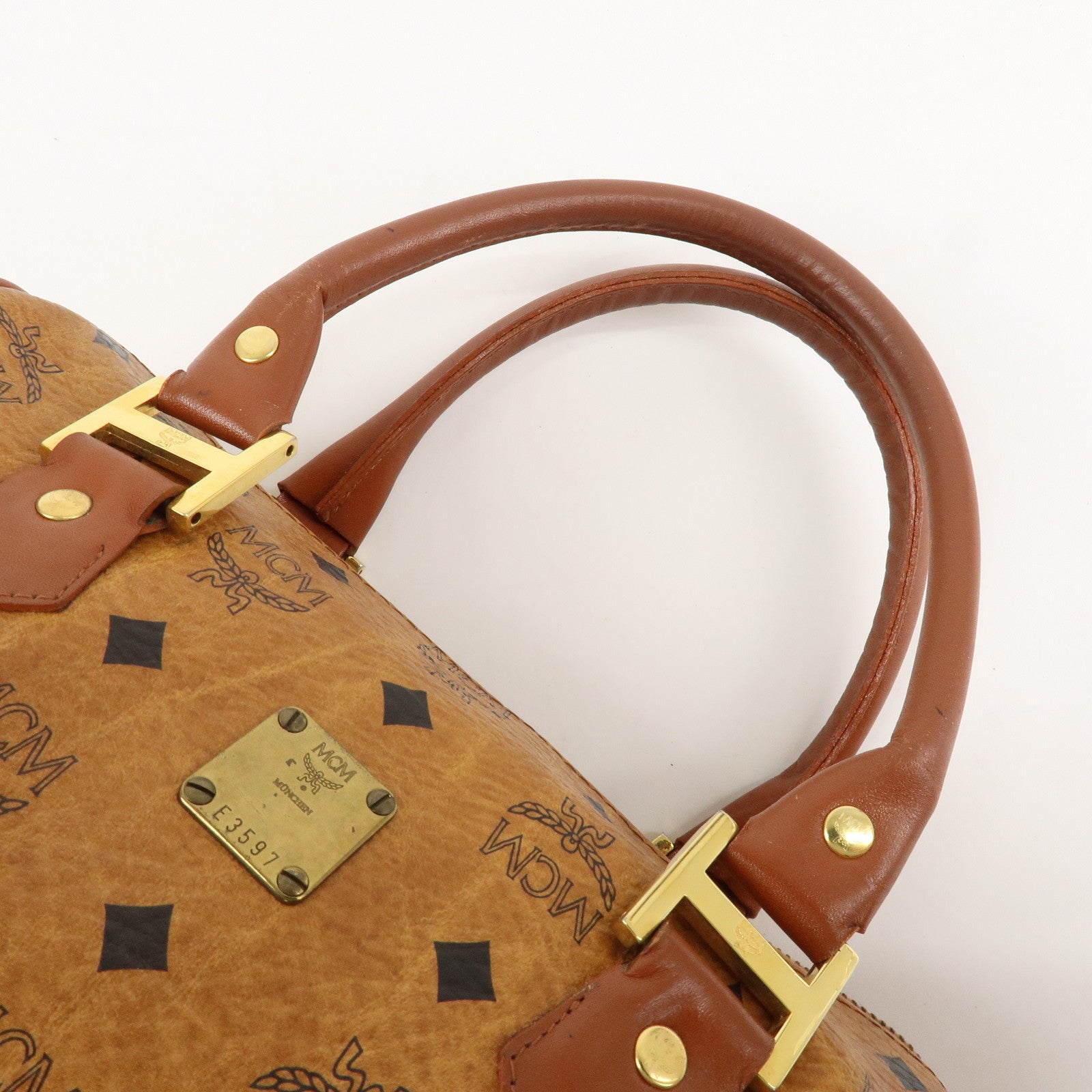 MCM Visetos Leather Boston Bag Hand Bag Brown Gold Hardware Used