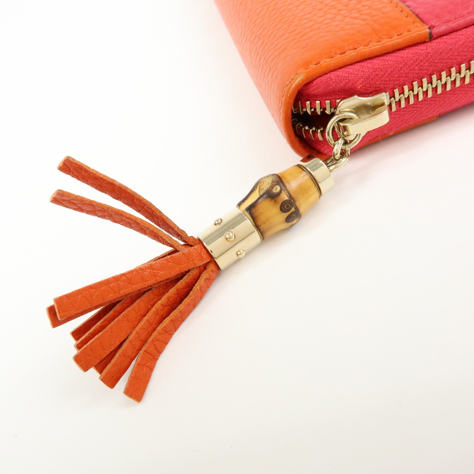 GUCCI Bamboo Leather Round Zippy Long Wallet Pink Orange 307984
