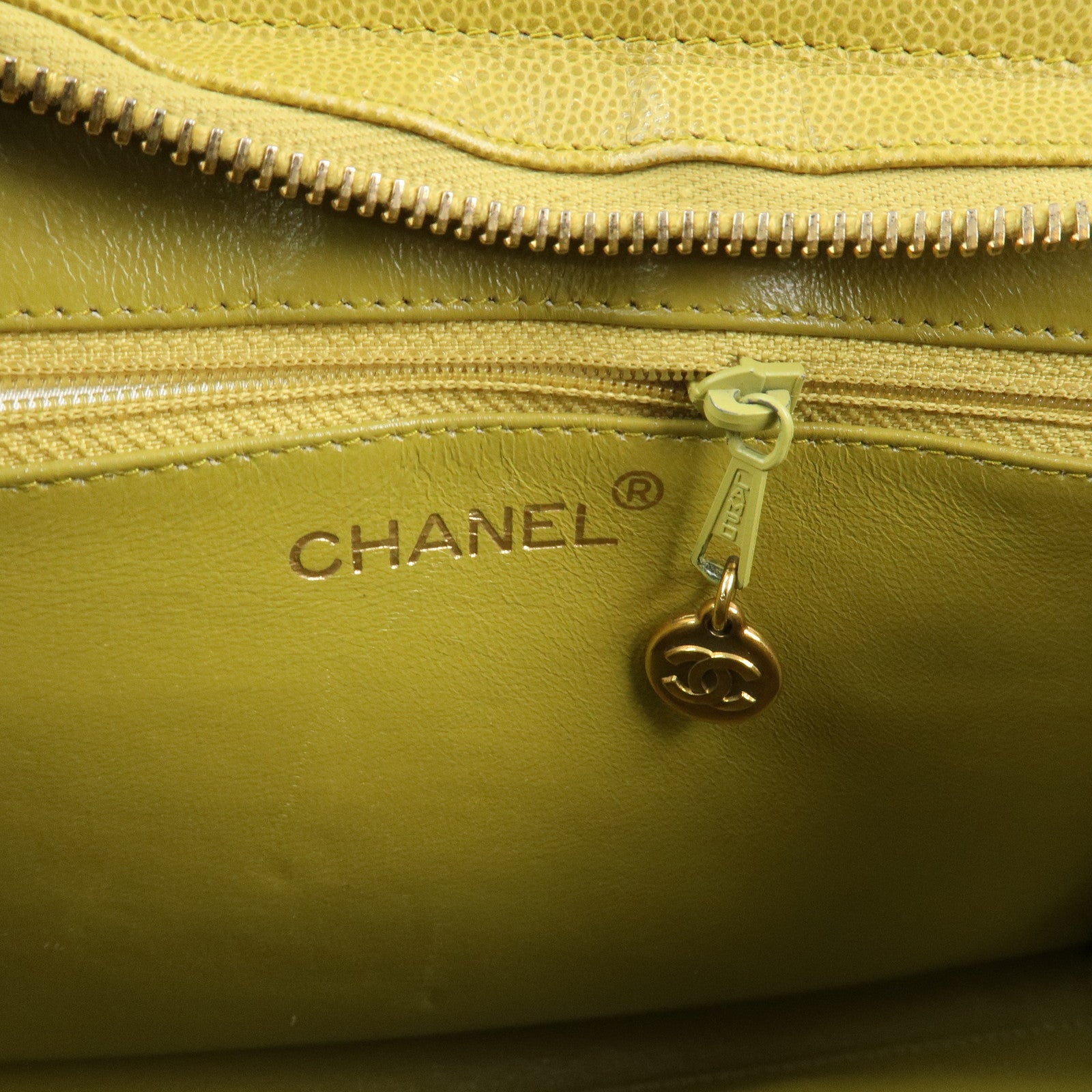 CHANEL COCO Mark Caviaskin Leather Tote Bag Hand Bag Yellow