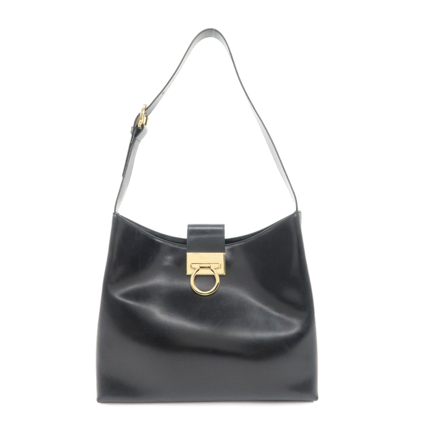 Ferragamo Gancini Leather Shoulder Bag Hand Bag Black Gold HDW
