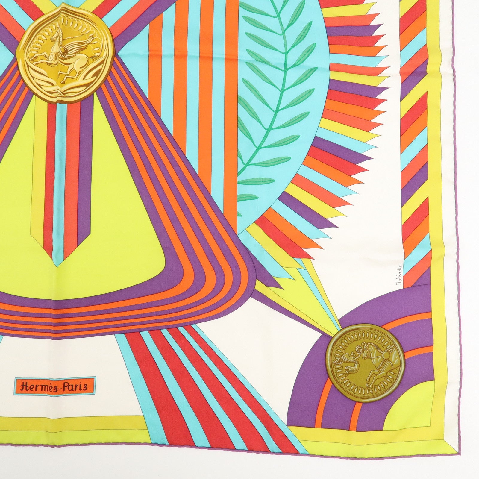 HERMES Carre 90 Silk 100% Scarf JES JEUX D'HERMES White Multicolor