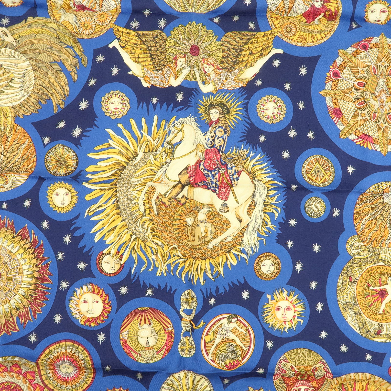 HERMES Carre 90 Silk 100% Scarf LE ROY SOLEIL Navy Yellow