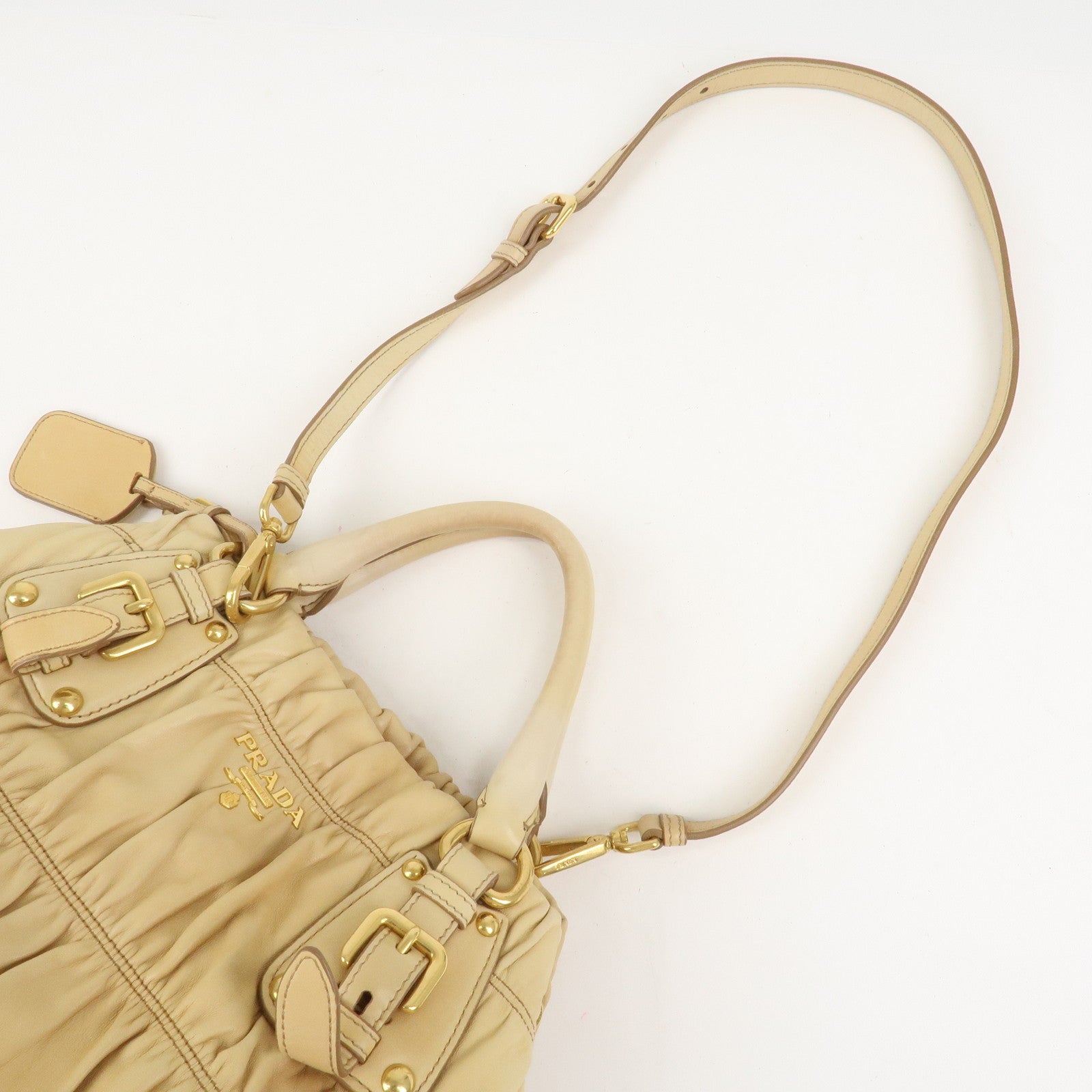 PRADA Nappa Gaufre Leather Gathered 2Way Bag Hand Bag Beige BN1336