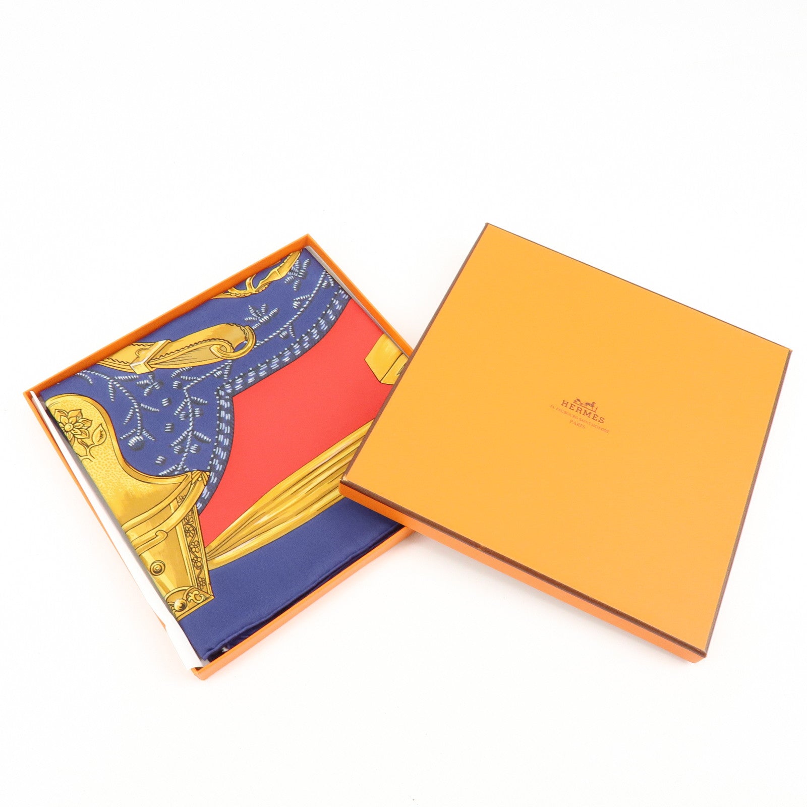 HERMES Carre 90 Silk 100% Scarf ETRIERS Gold Red Navy