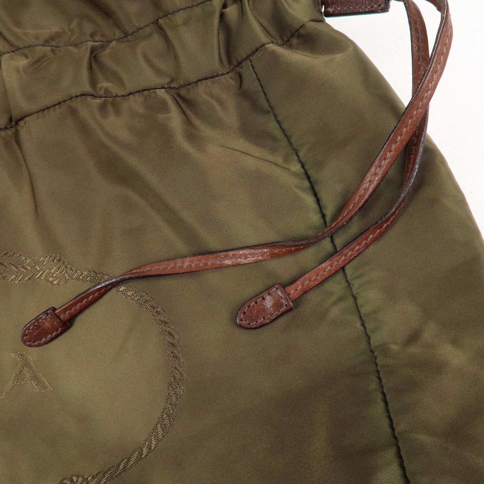 PRADA Logo Nylon Leather Drawstring Tote Bag Shoulder Bag Brown