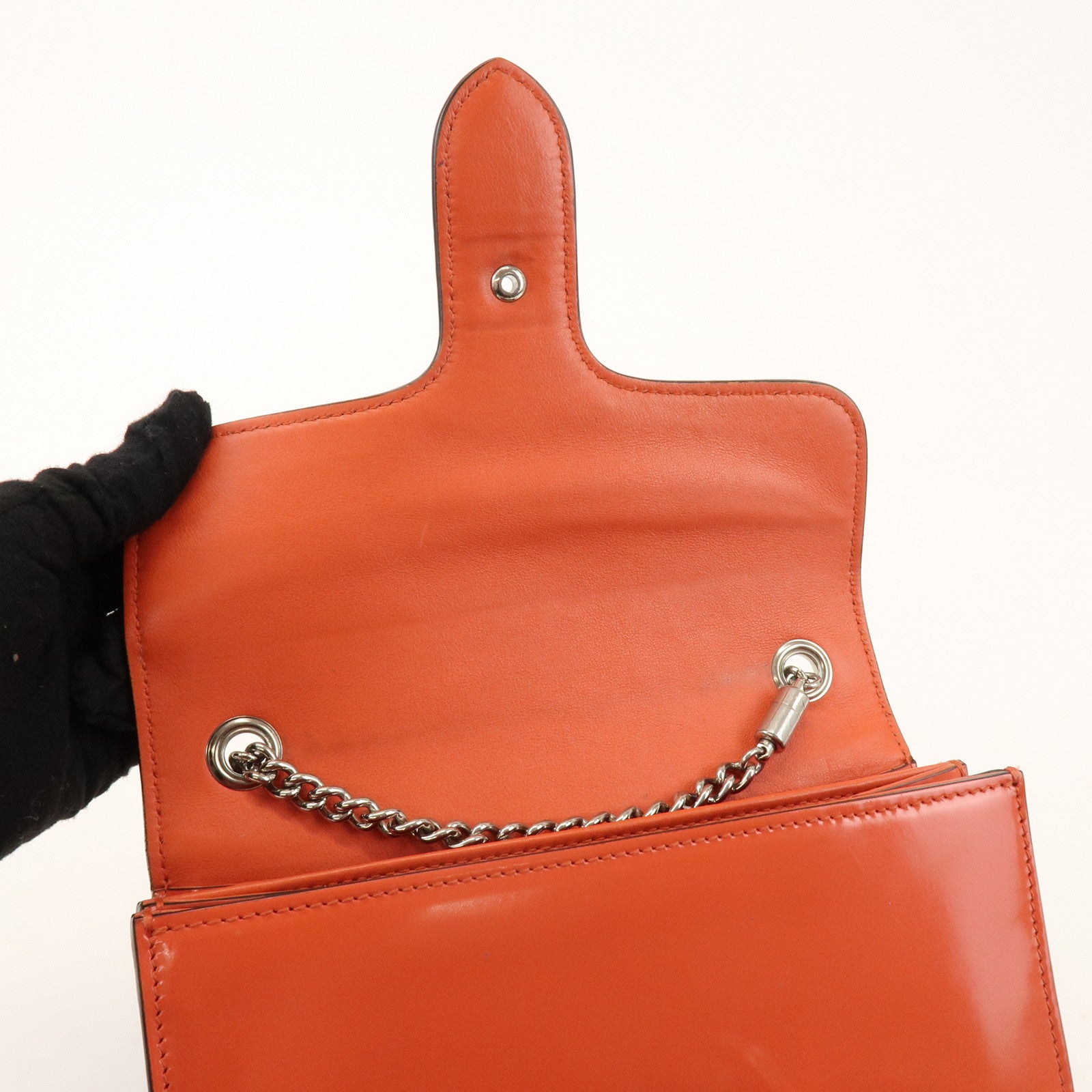 GUCCI Interlocking G Patent Leather Chain ShoulderBag Orange 387609