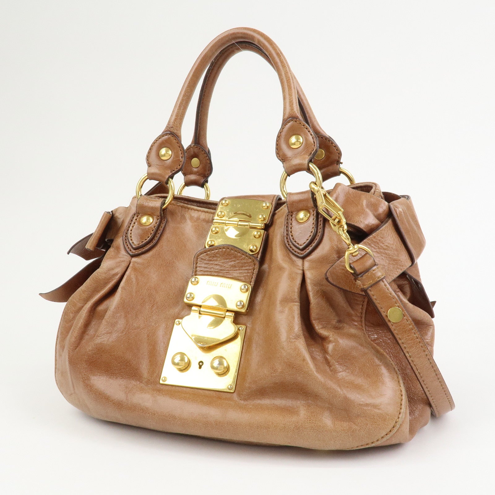 MIU MIU Side Ribbon Leather 2Way Shoulder Hand Bag Brown RN0686