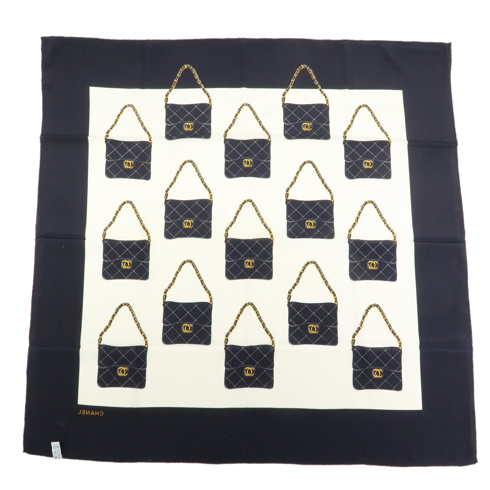 CHANEL Silk 100% Scarf Matelasse Bag Motif 86cm×86cm Black Ivory