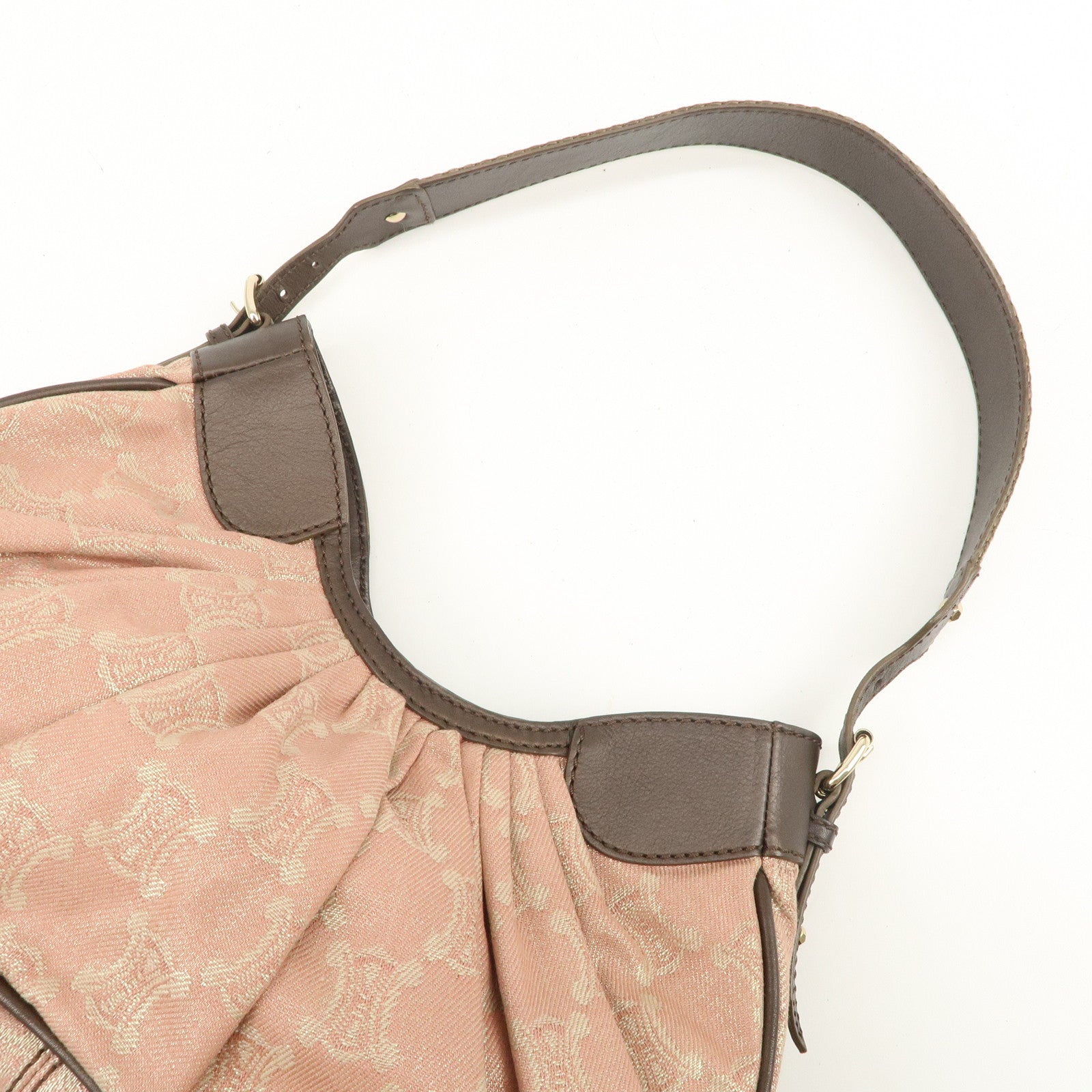 CELINE Macadam Canvas Leather Nylon Velour Shoulder Bag Pink Brown