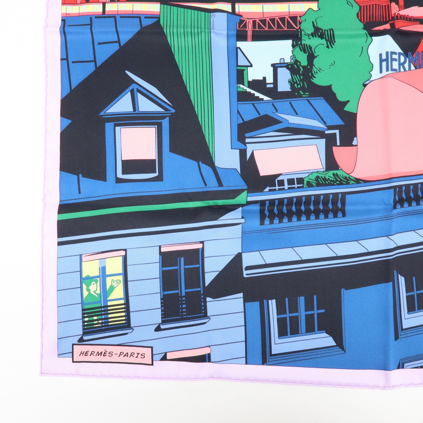 HERMES Carre 70 Silk 100% Scarf MINUIT AU FAUBOURG Blue Pink